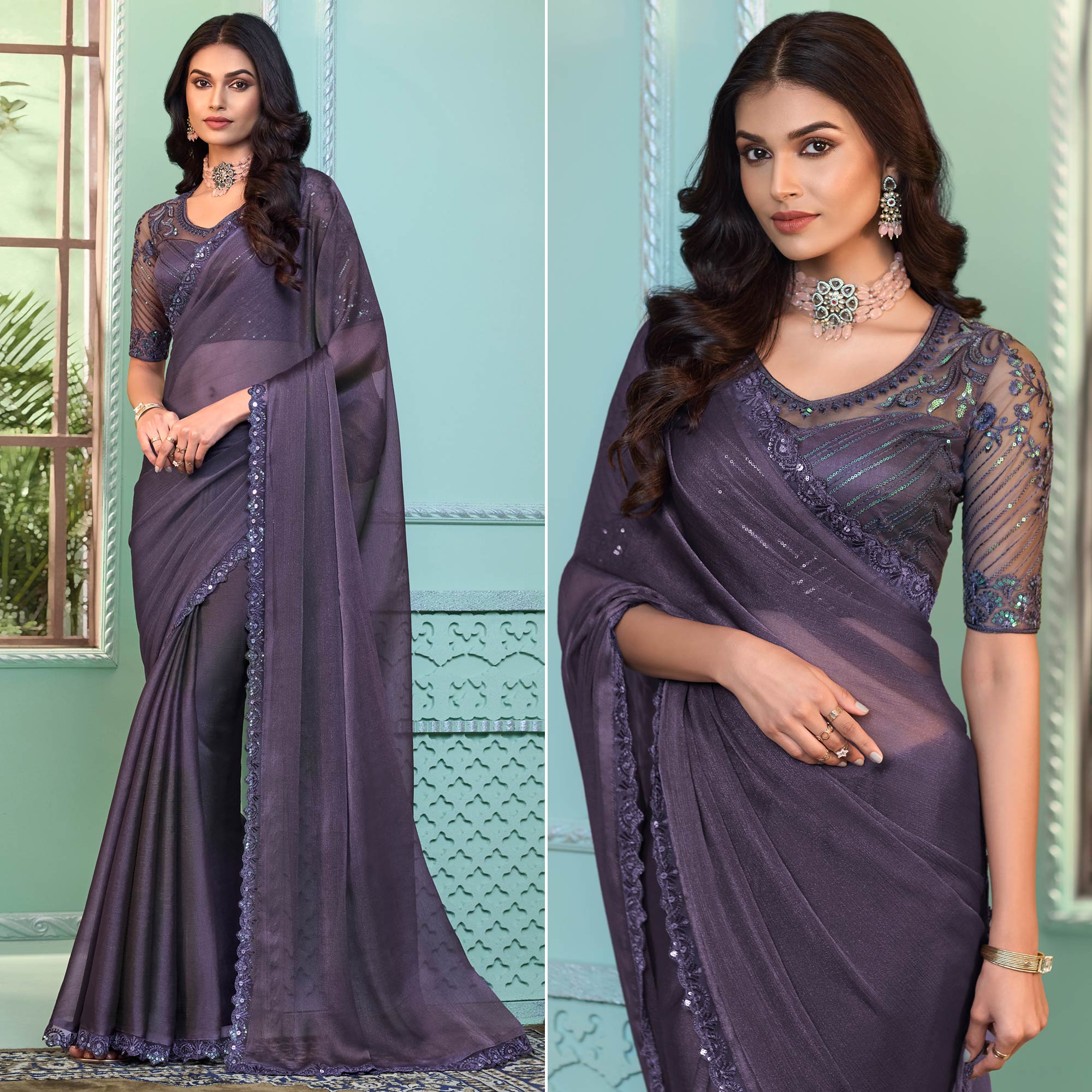 Purple Embroidered Georgette Designer Saree