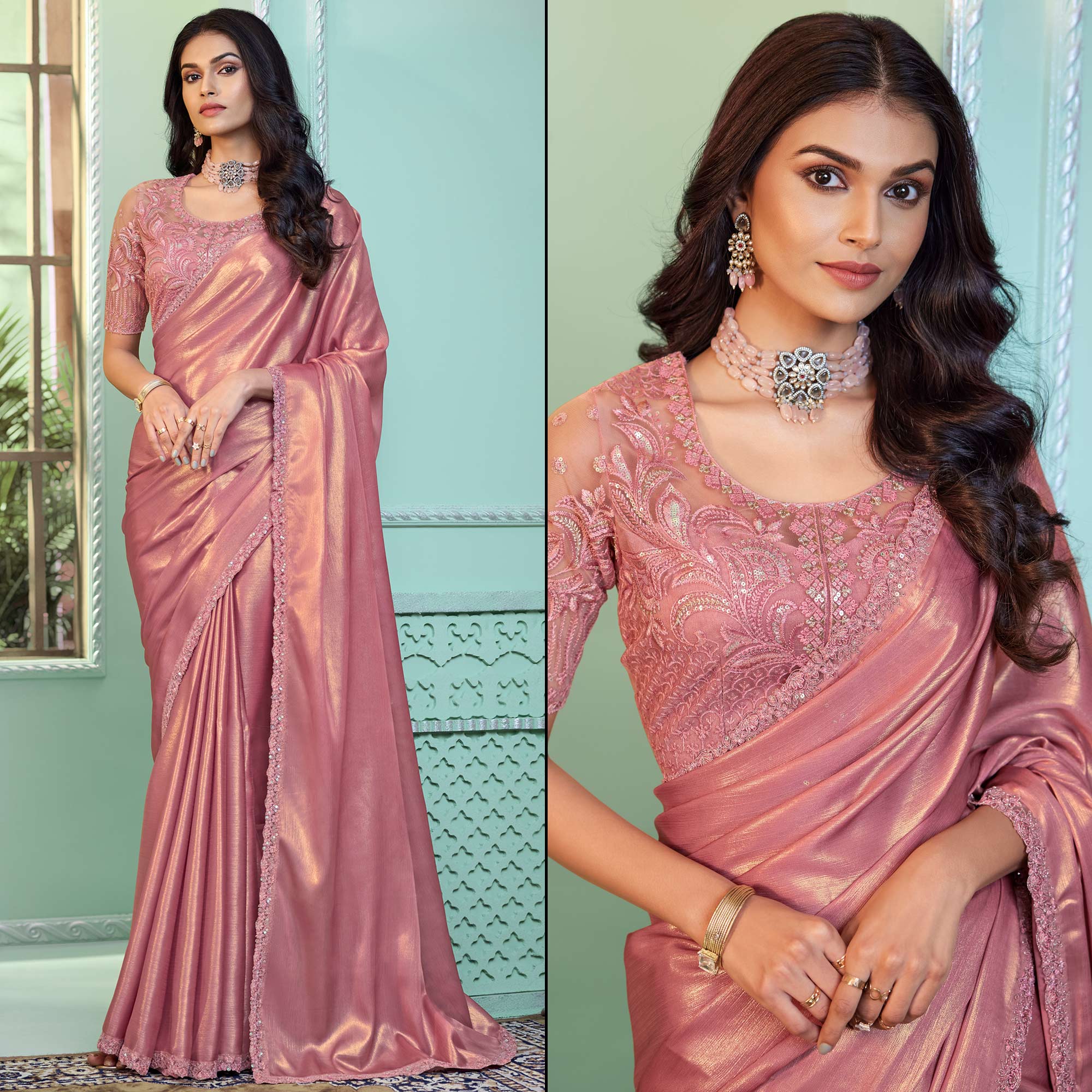 Dusty Peach Embroidered Georgette Designer Saree