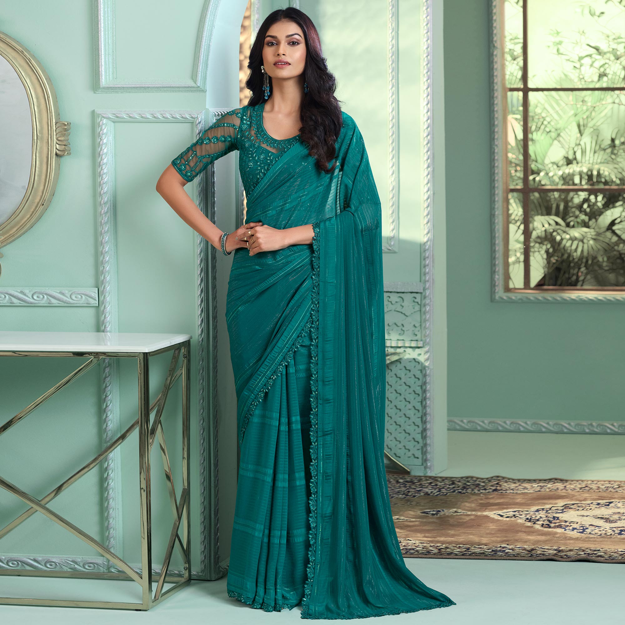 Teal Green Embroidered Chiffon Designer Saree