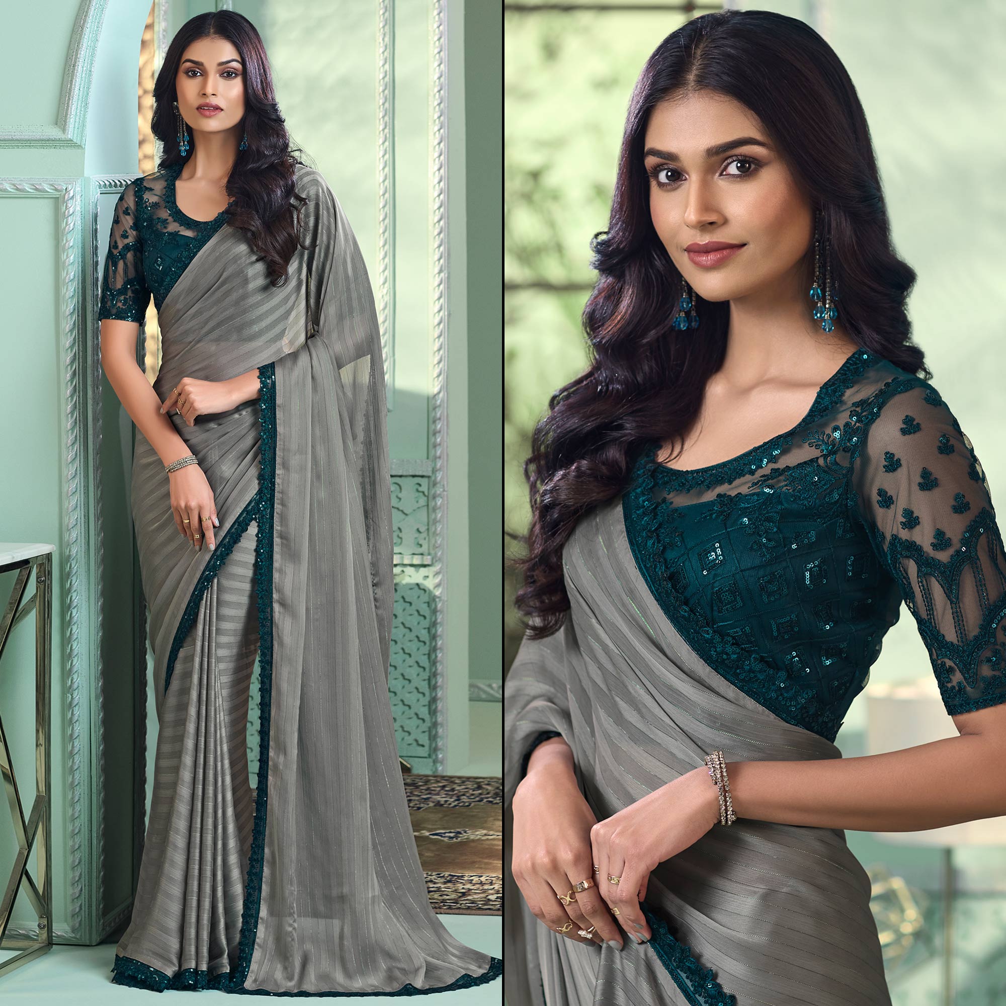 Grey Embroidered Georgette Designer Saree