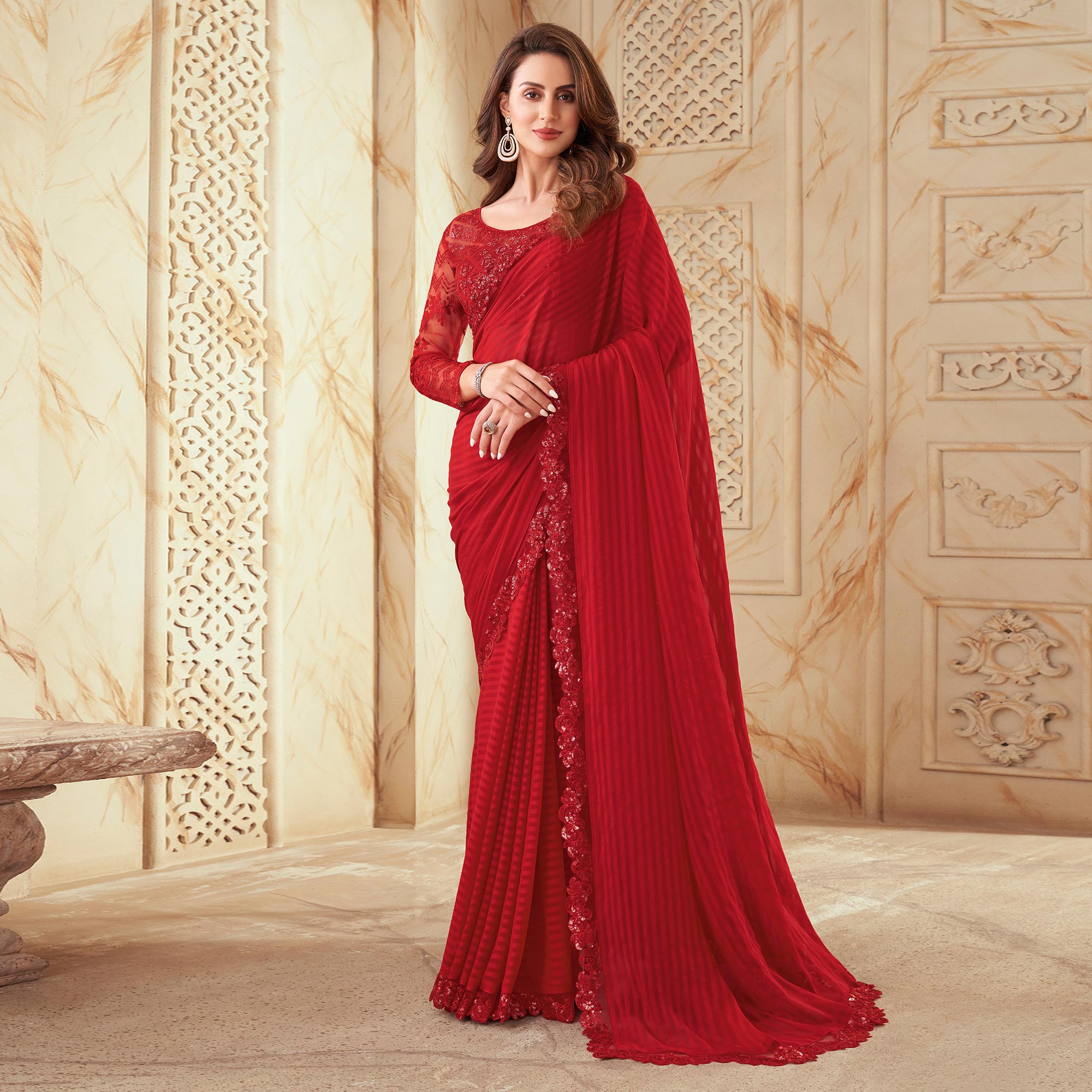 Red Sequins Embroidered Satin Silk Saree