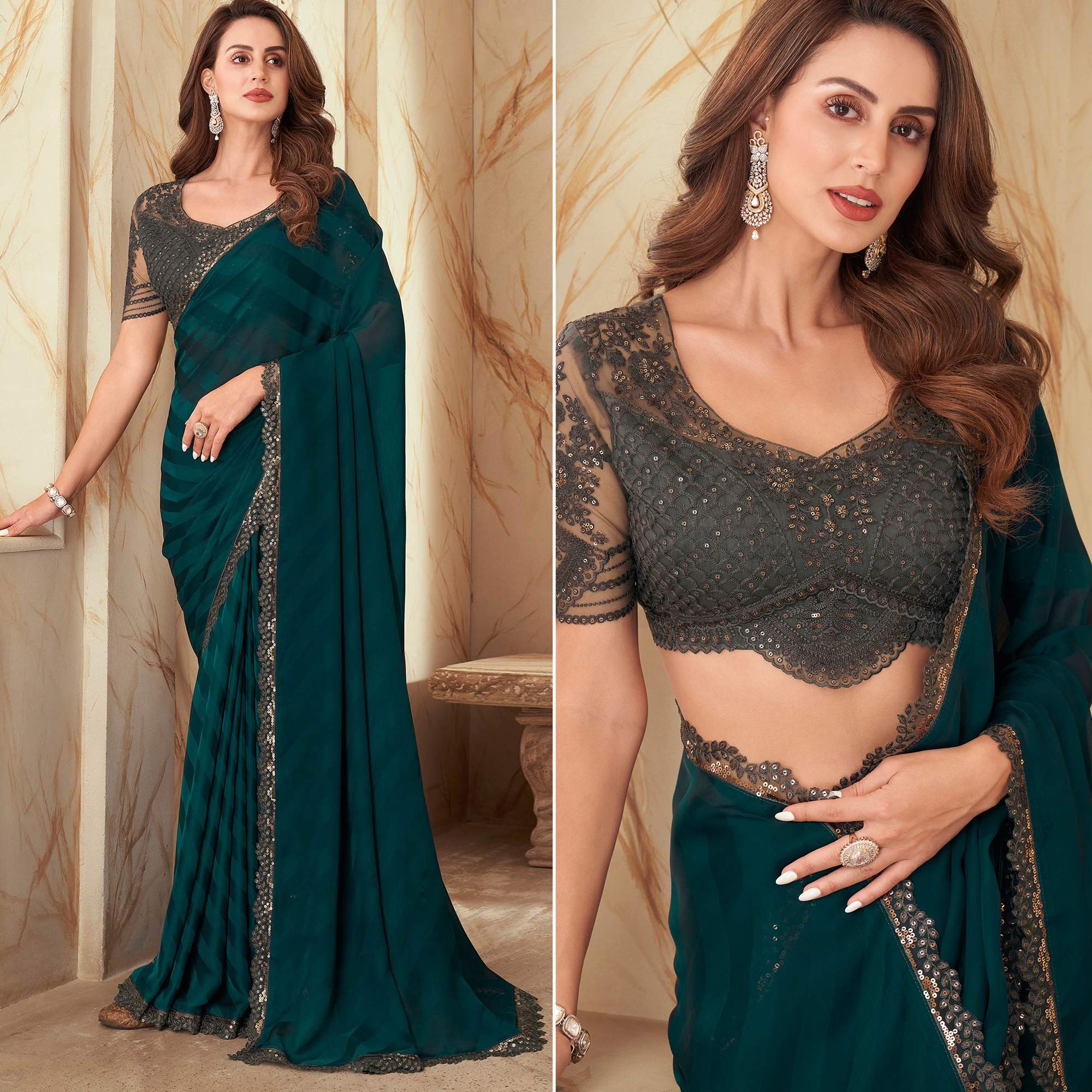 Bottle Green Sequins Embroidered Satin Silk Saree