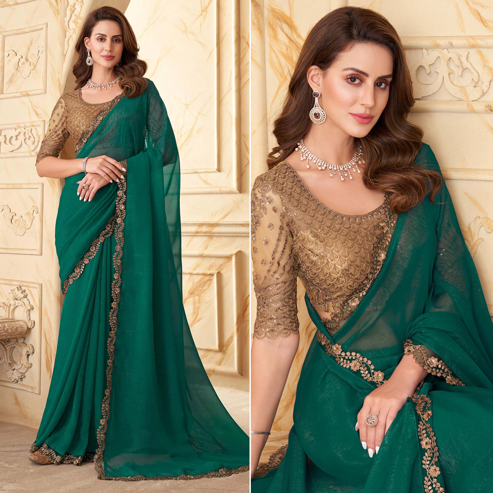 Green Sequins Embroidered Satin Silk Saree