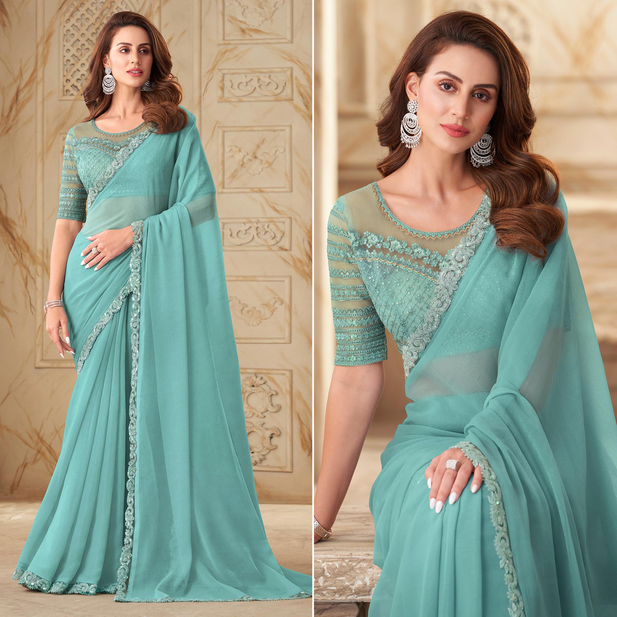 Turquoise Sequins Embroidered Georgette Saree