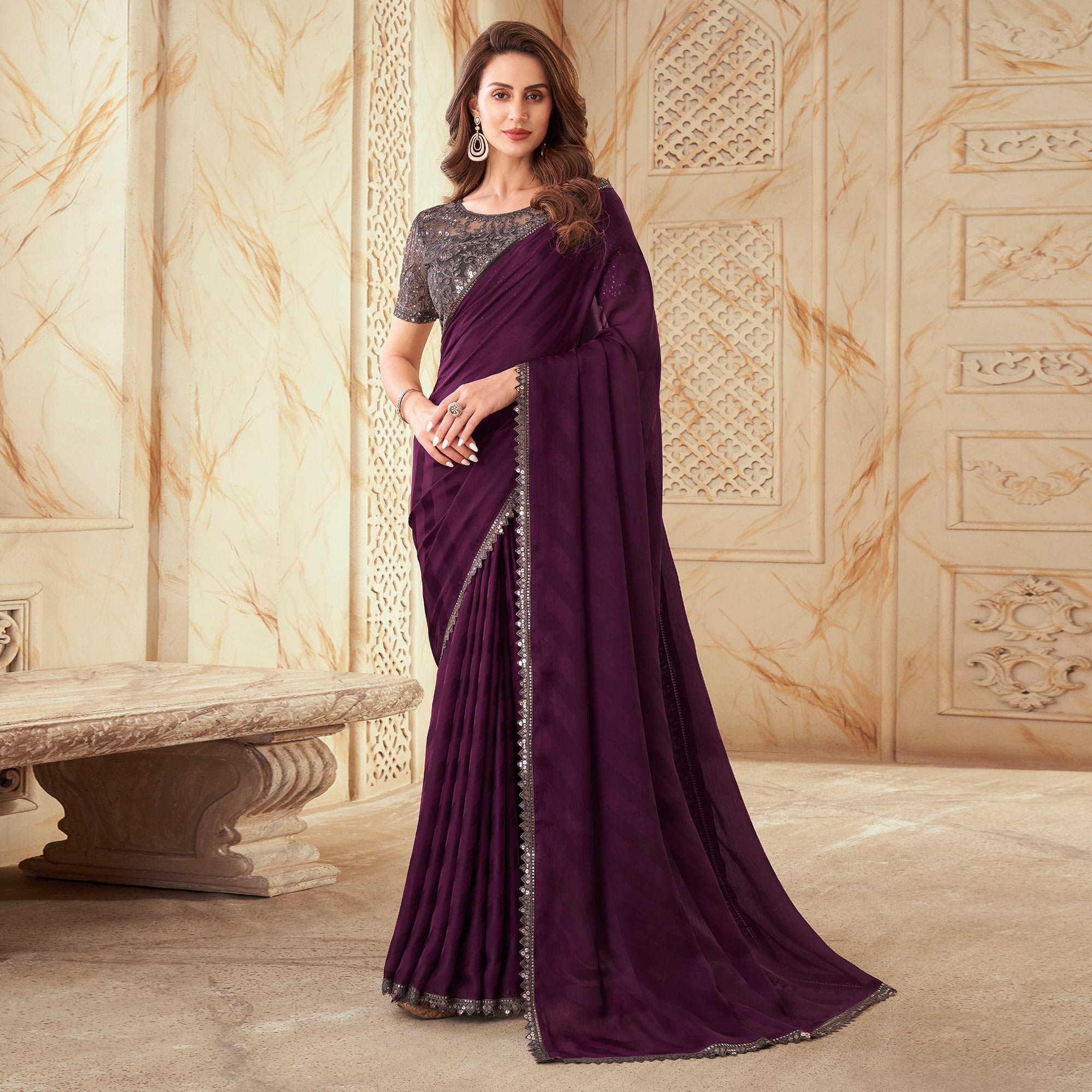 Wine Sequins Embroidered Satin Silk Saree