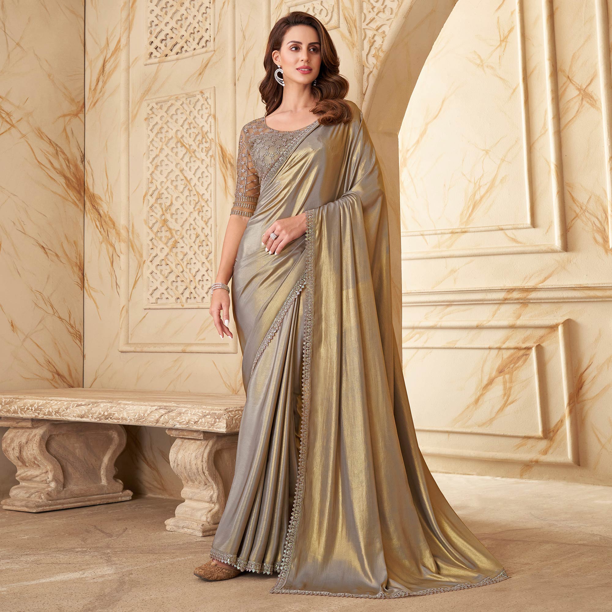 Beige Sequins Embroidered Satin Silk Saree