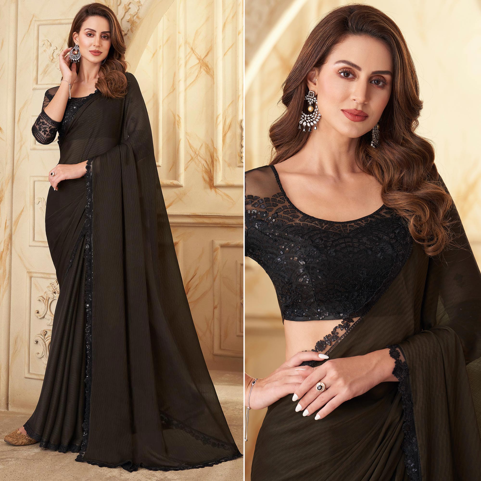 Black Sequins Embroidered Georgette Saree