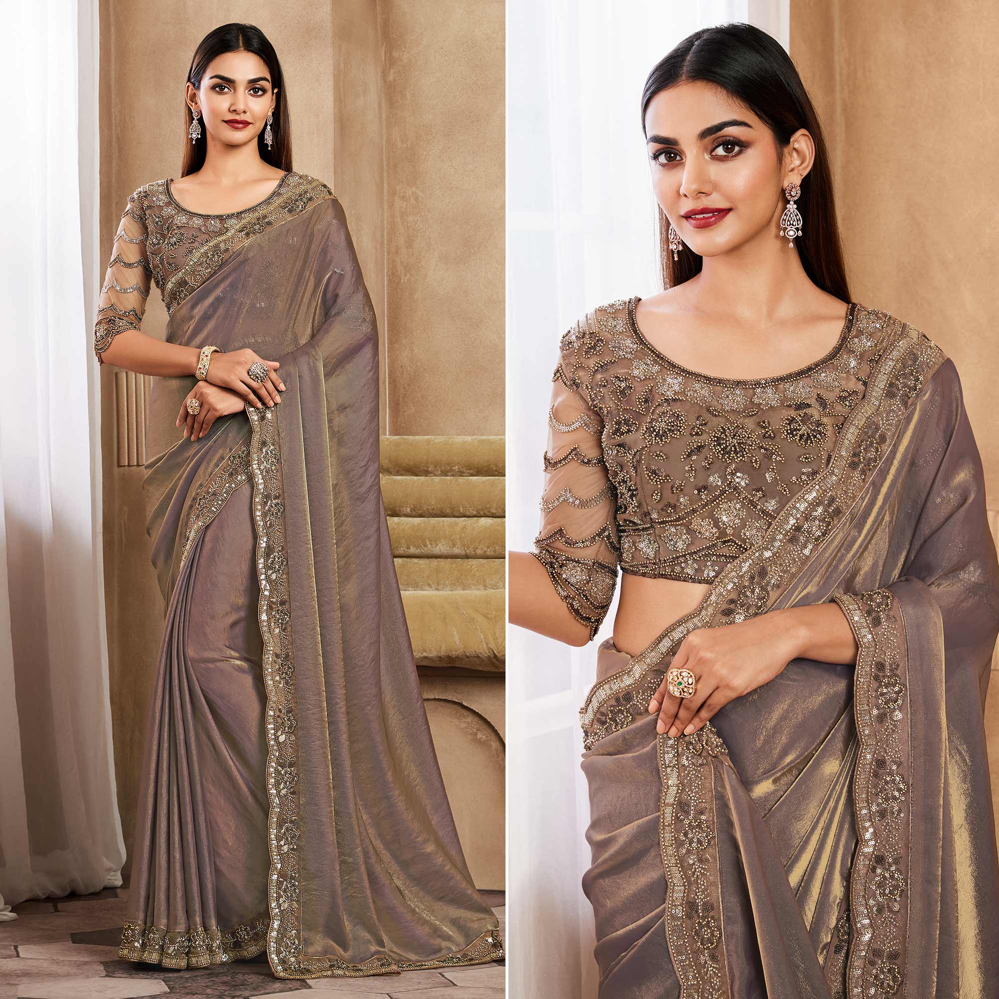 Chikoo Sequins Embroidered Satin Silk Saree
