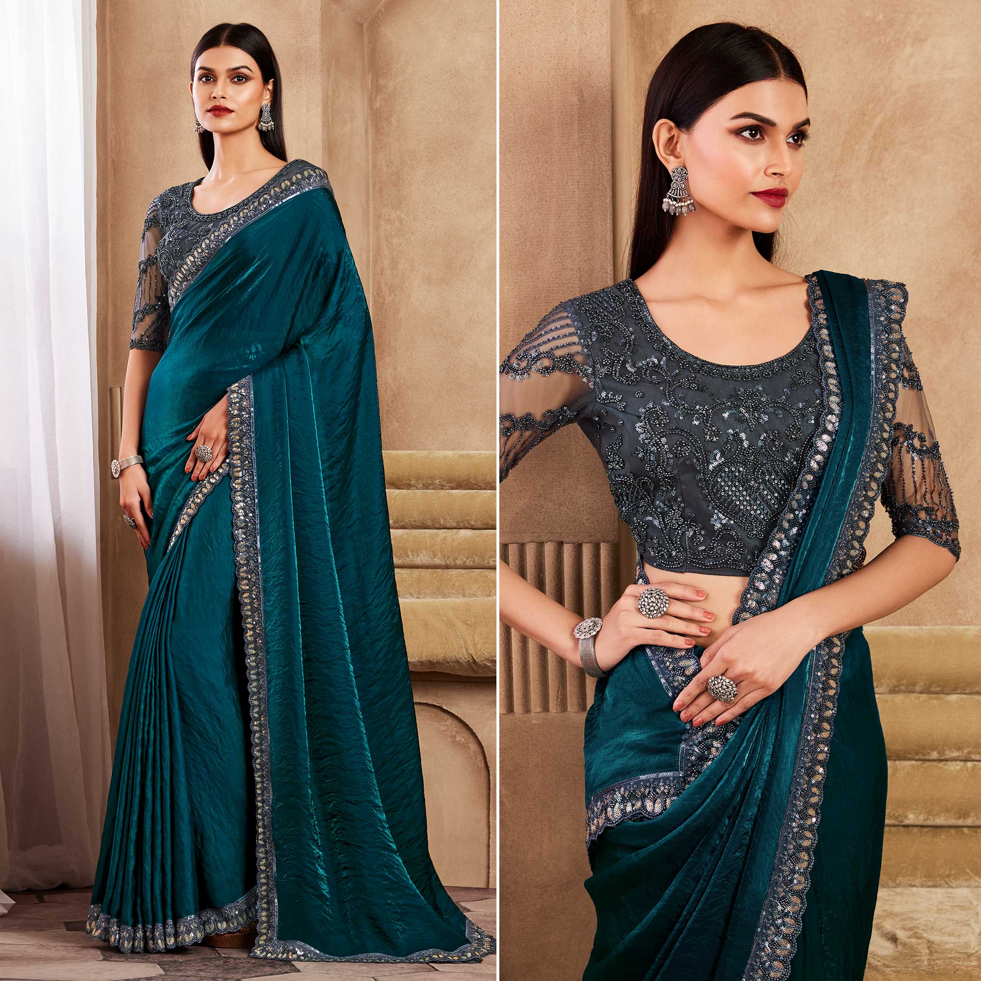 Rama Green Sequins Embroidered Satin Silk Saree