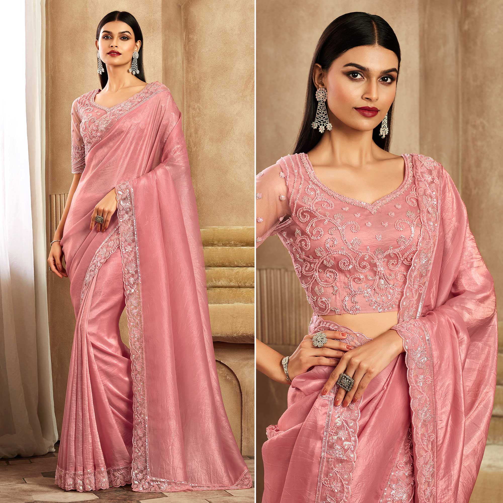 Pink Sequins Embroidered Satin Silk Saree