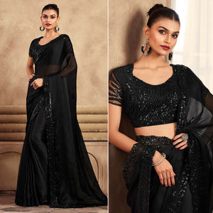 Black Sequins Embroidered Chiffon Silk Saree