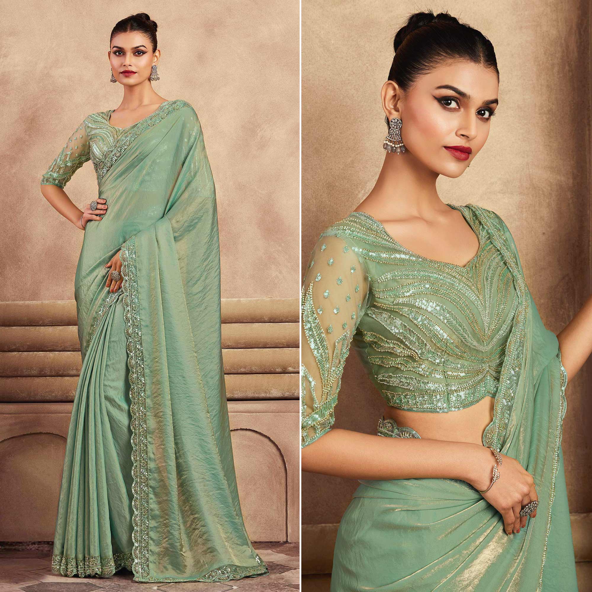 Sea Green Sequins Embroidered Satin Silk Saree