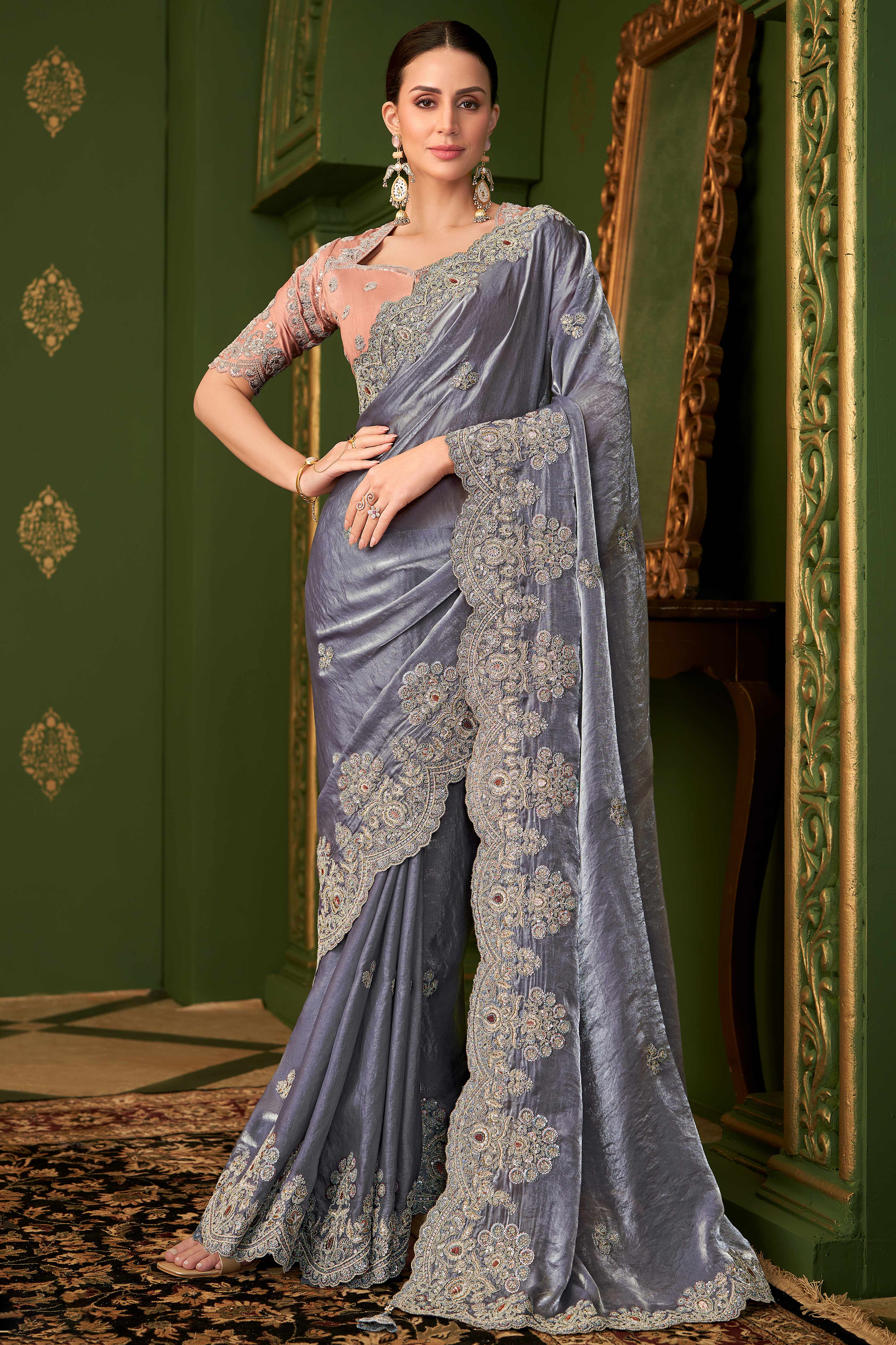 Stunning Bluish Grey Georgette Saree Adorned With Floral Cording Sequin Embroidery & Cutwork Border