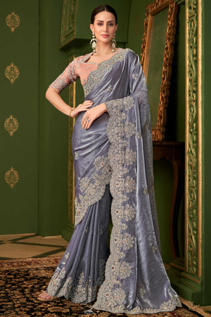 Stunning Bluish Grey Georgette Saree Adorned With Floral Cording Sequin Embroidery & Cutwork Border