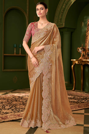 Designer Gold Georgette Saree Adorned With Floral Cording Sequins Embroidery & Cutwork Border