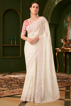 Radiant White Georgette Saree Adorned With Floral Cording Sequins Embroidery & Cutwork Border
