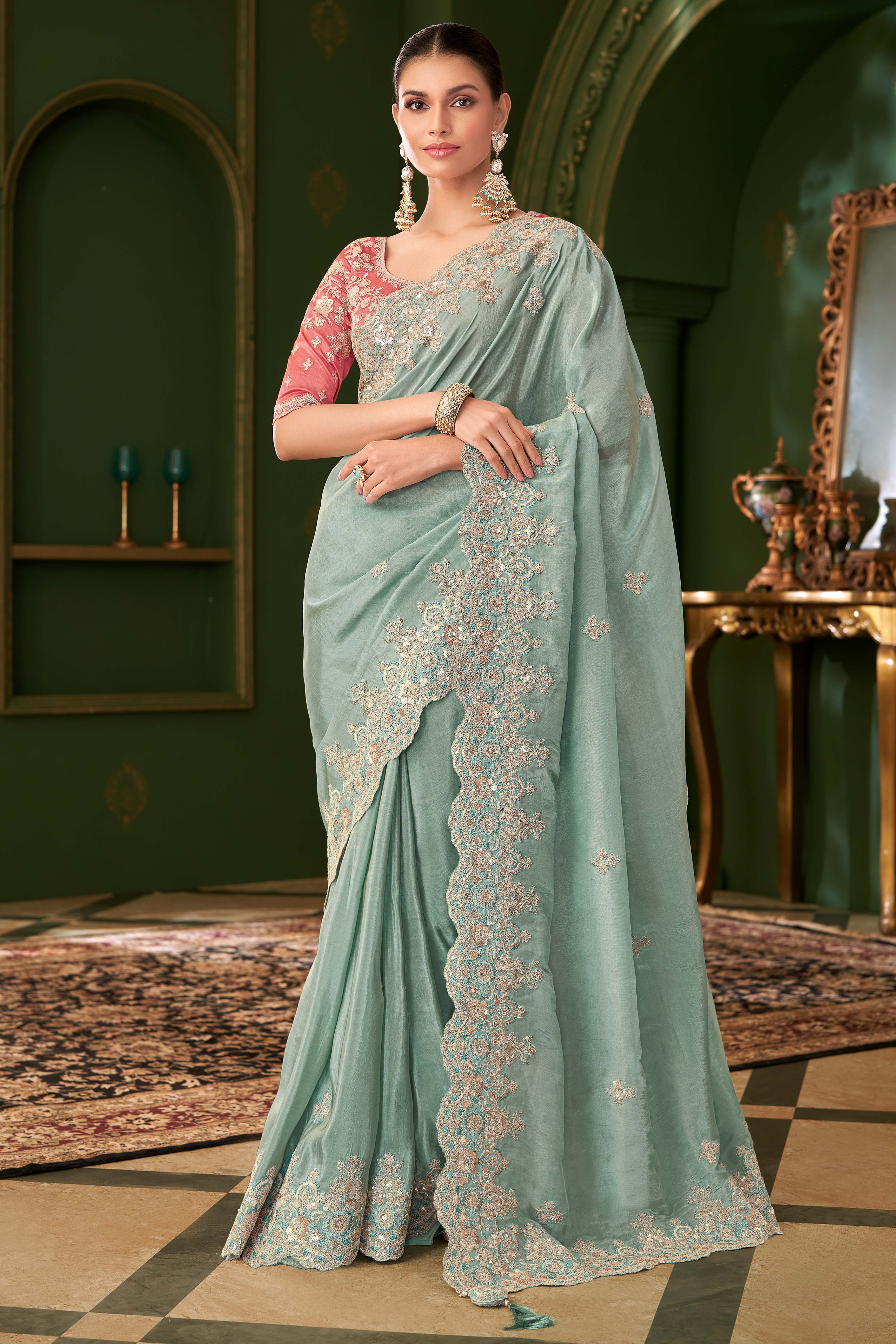 Gorgeous Sky Blue Georgette Saree Adorned With Floral Cording Sequins Embroidery & Cutwork Border