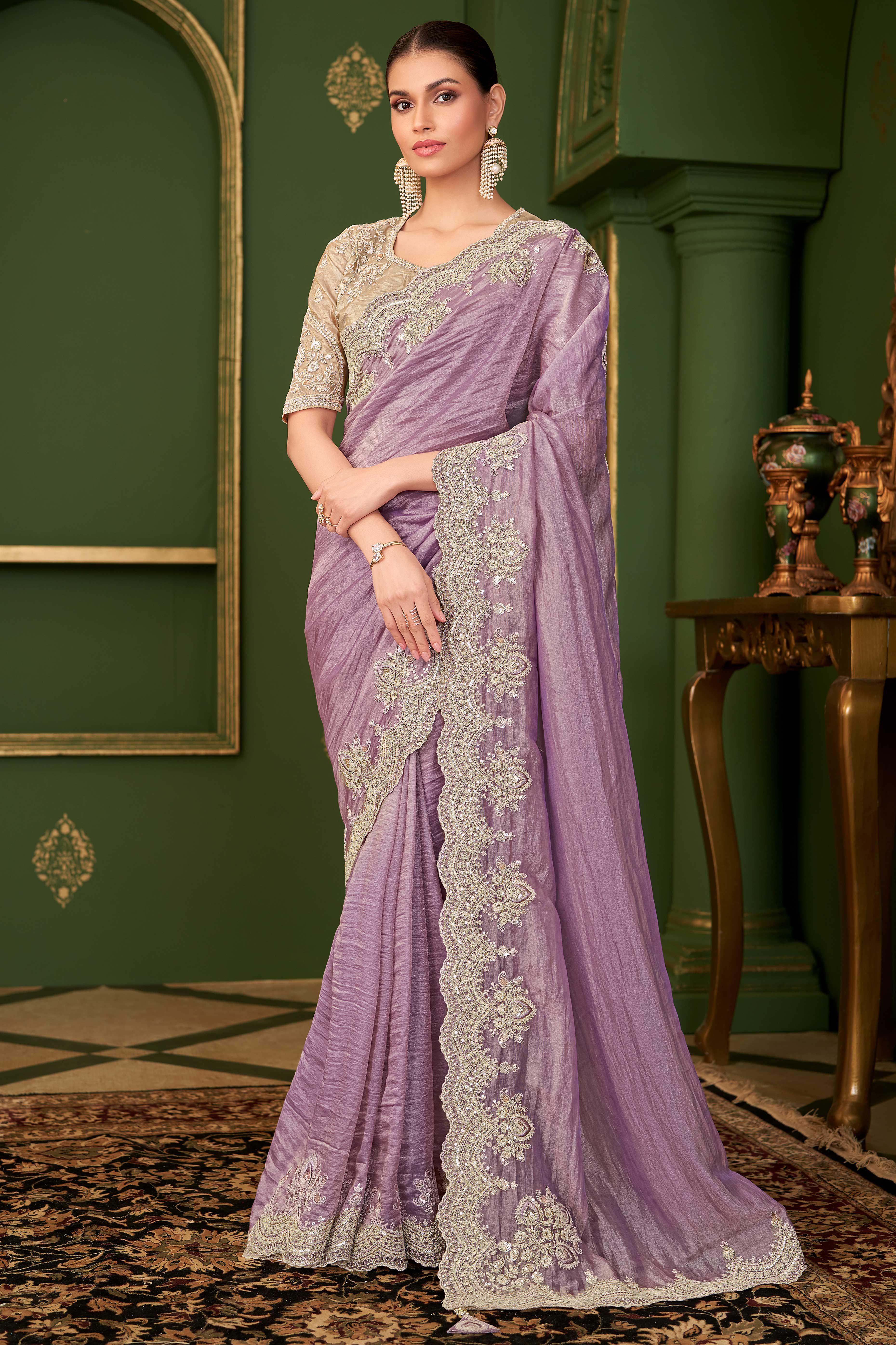 Graceful Lavender Georgette Saree Adorned With Floral Cording Sequins Embroidery & Cutwork Border