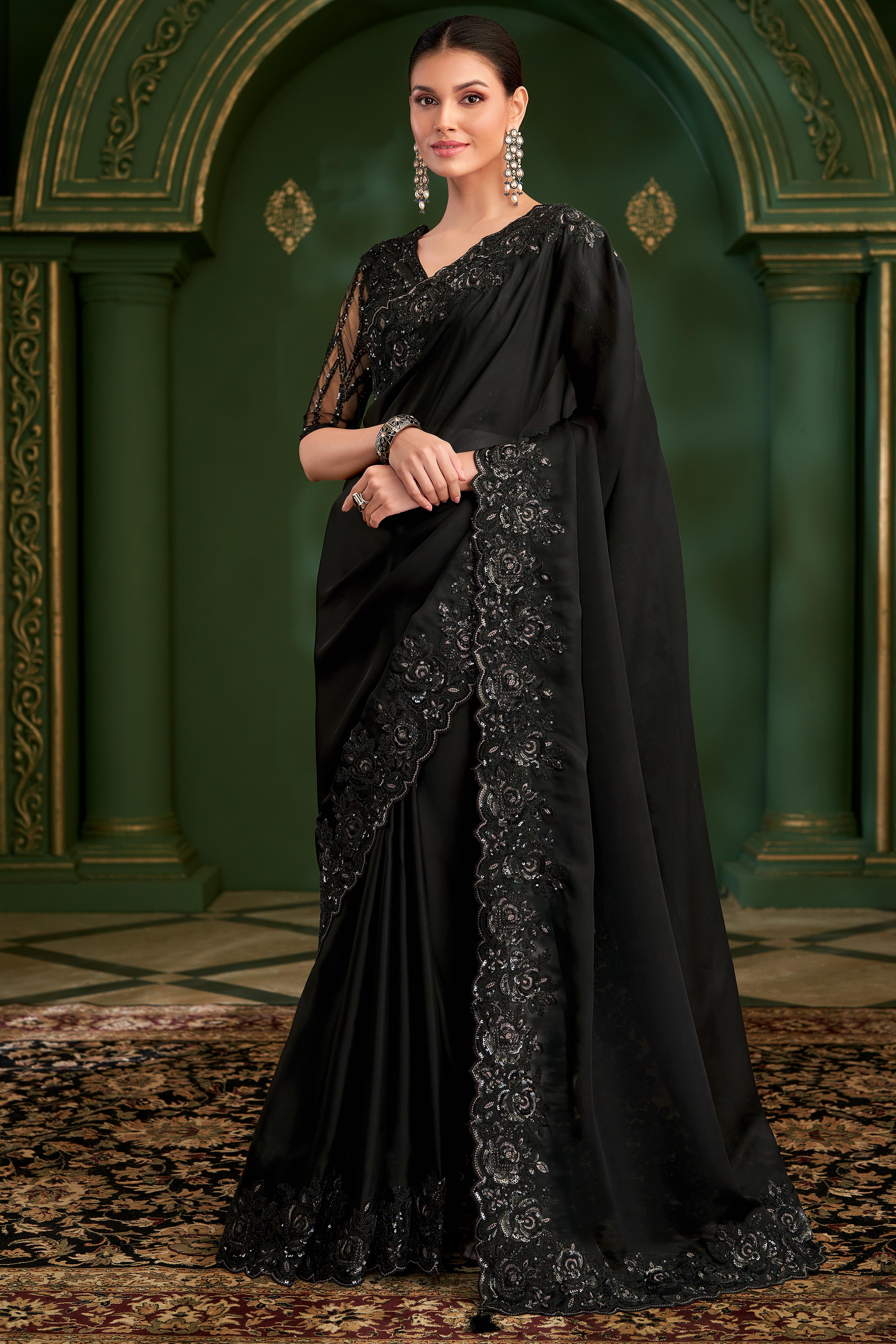 Mesmerizing Black Georgette Saree Adorned With Floral Cording Sequins Embroidery & Cutwork Border