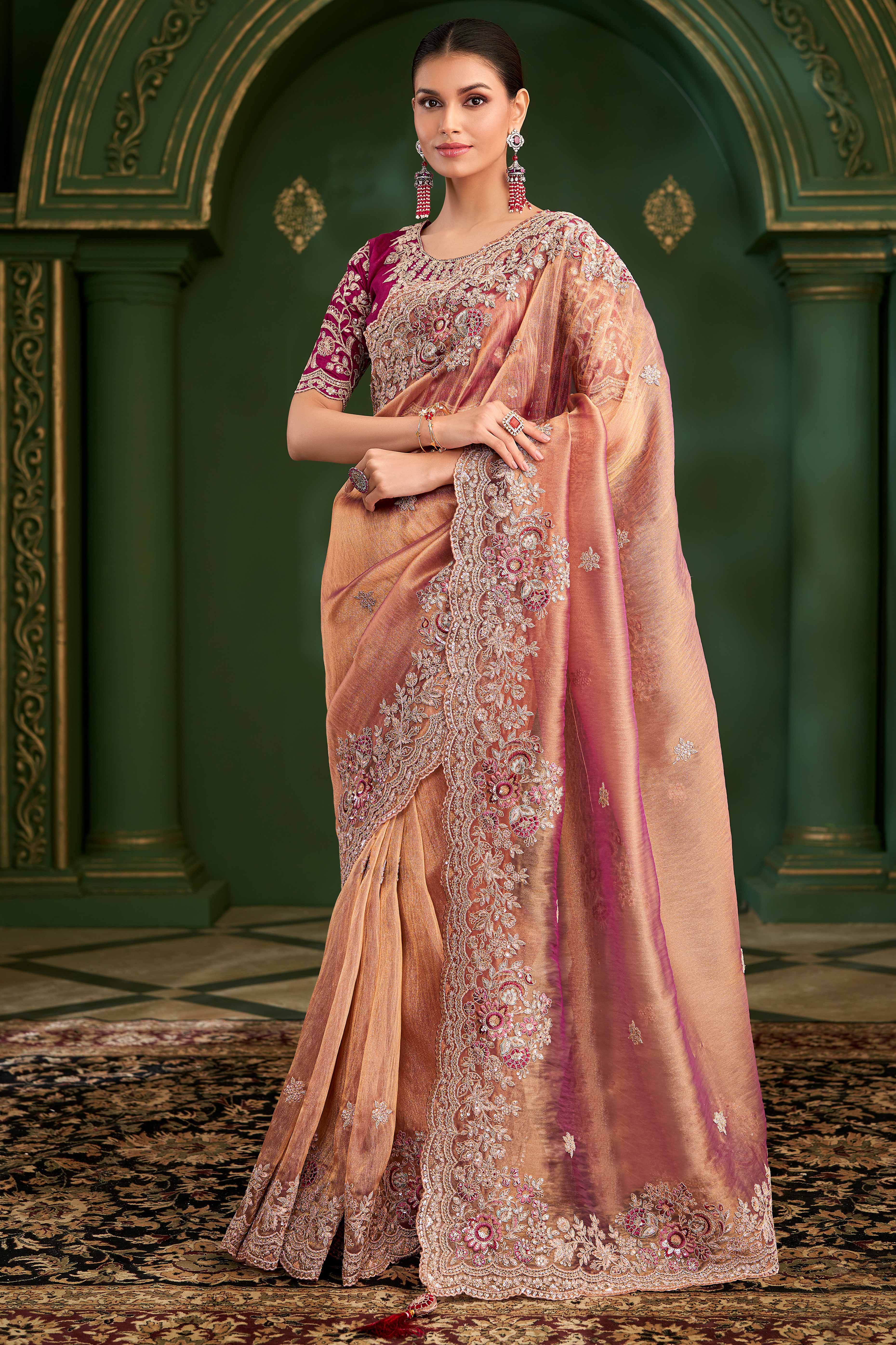 Graceful Peach Georgette Saree Adorned With Floral Cording Sequins Embroidery & Cutwork Border