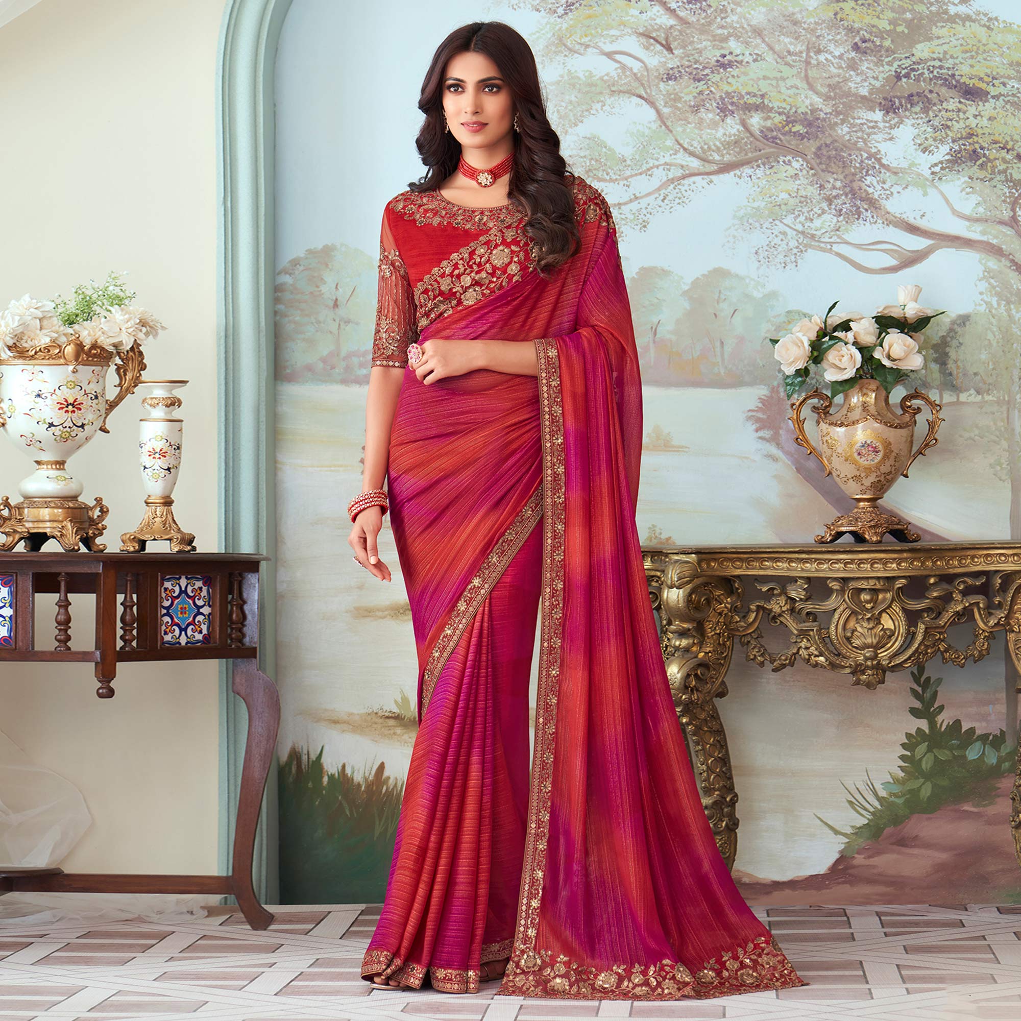 Red & Pink Sequins Embroidered Georgette Saree