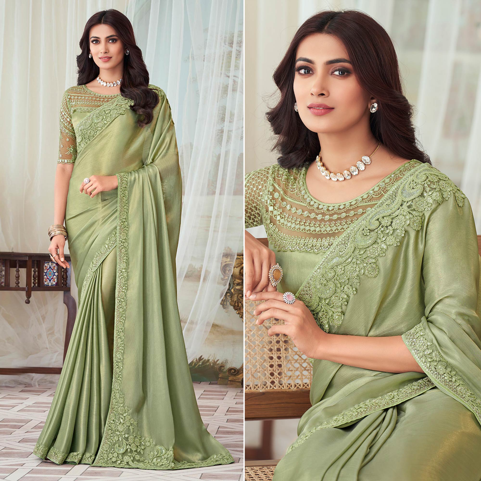 Pista Green Sequins Embroidered Satin Saree