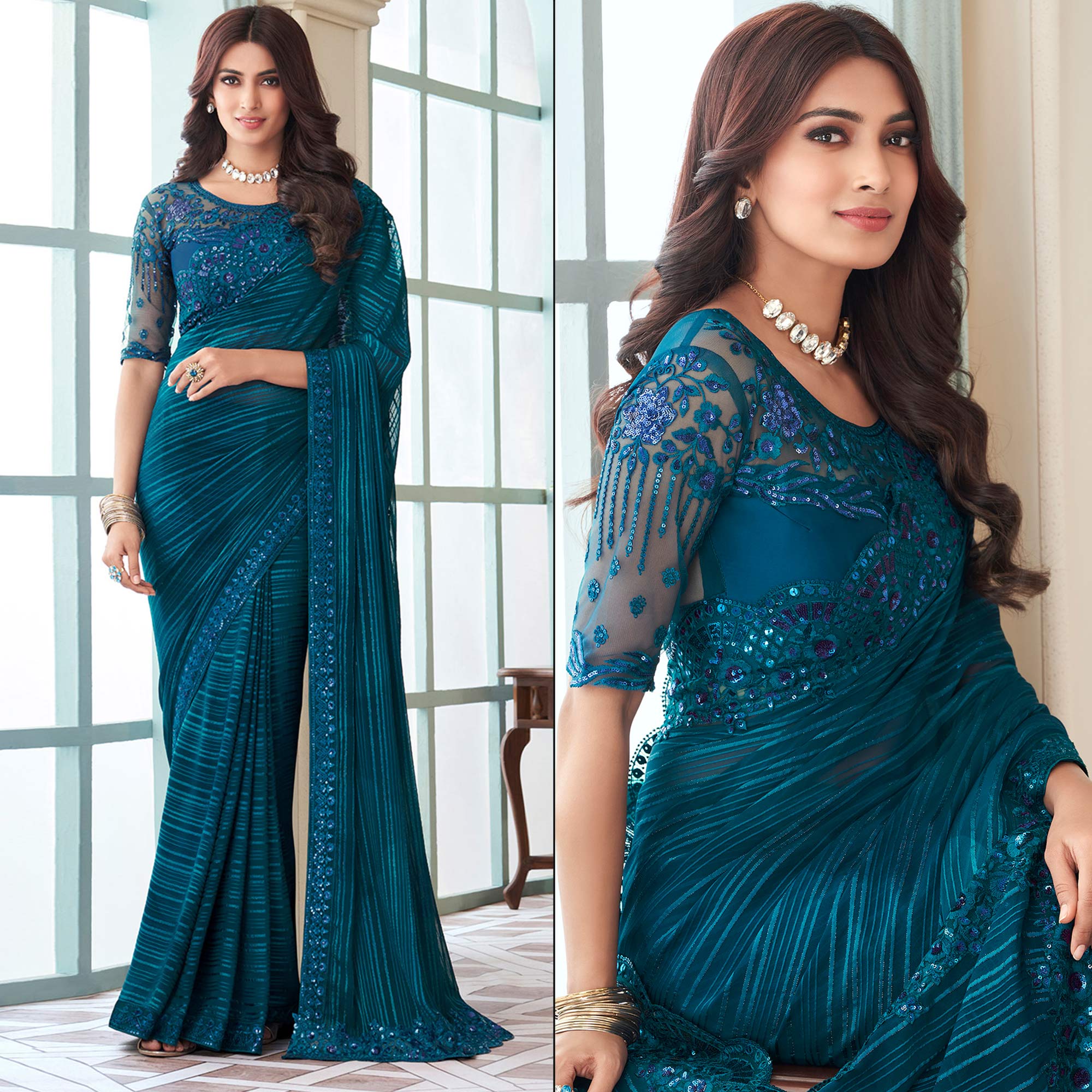 Teal Sequins Embroidered Satin Saree