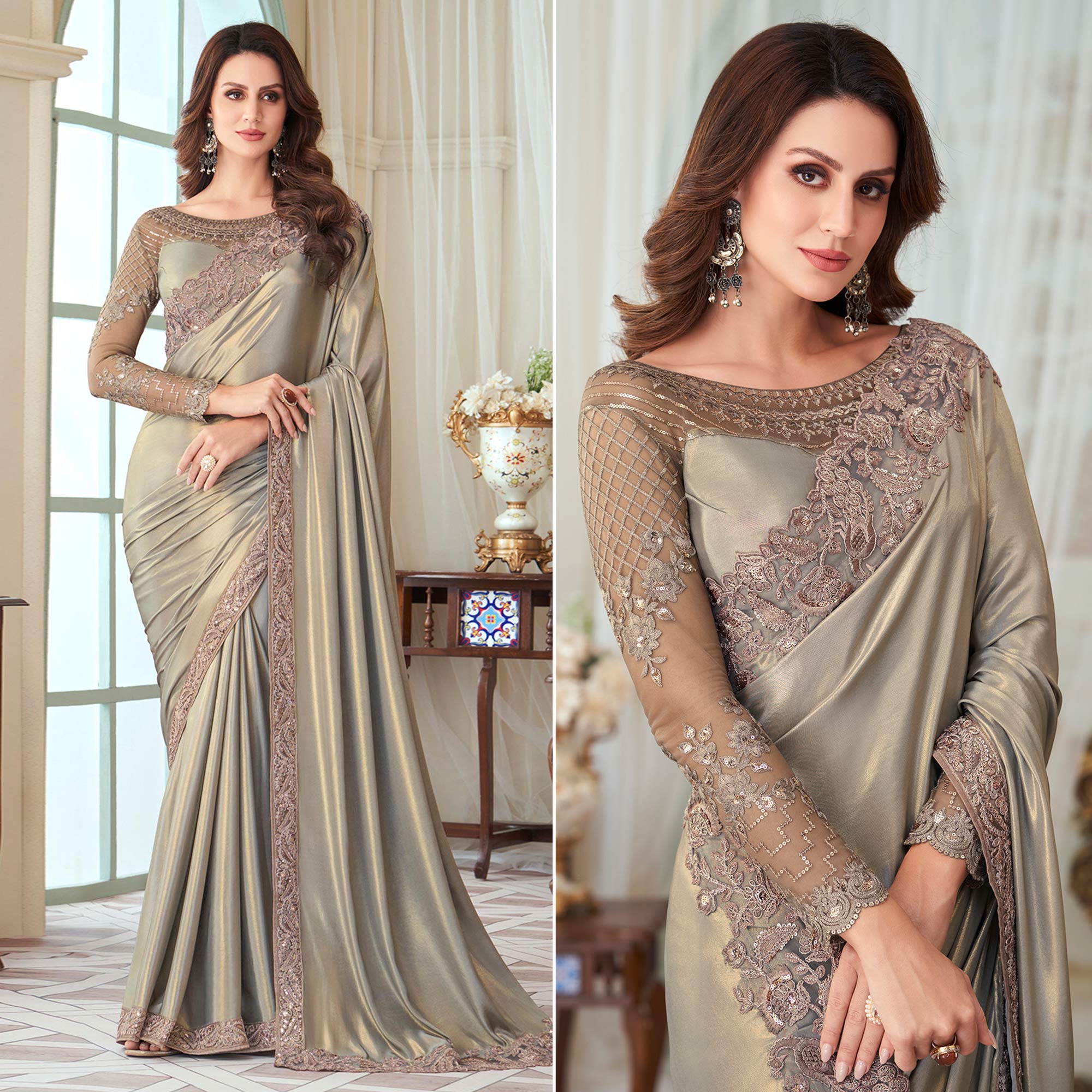 Grey Sequins Embroidered Satin Saree