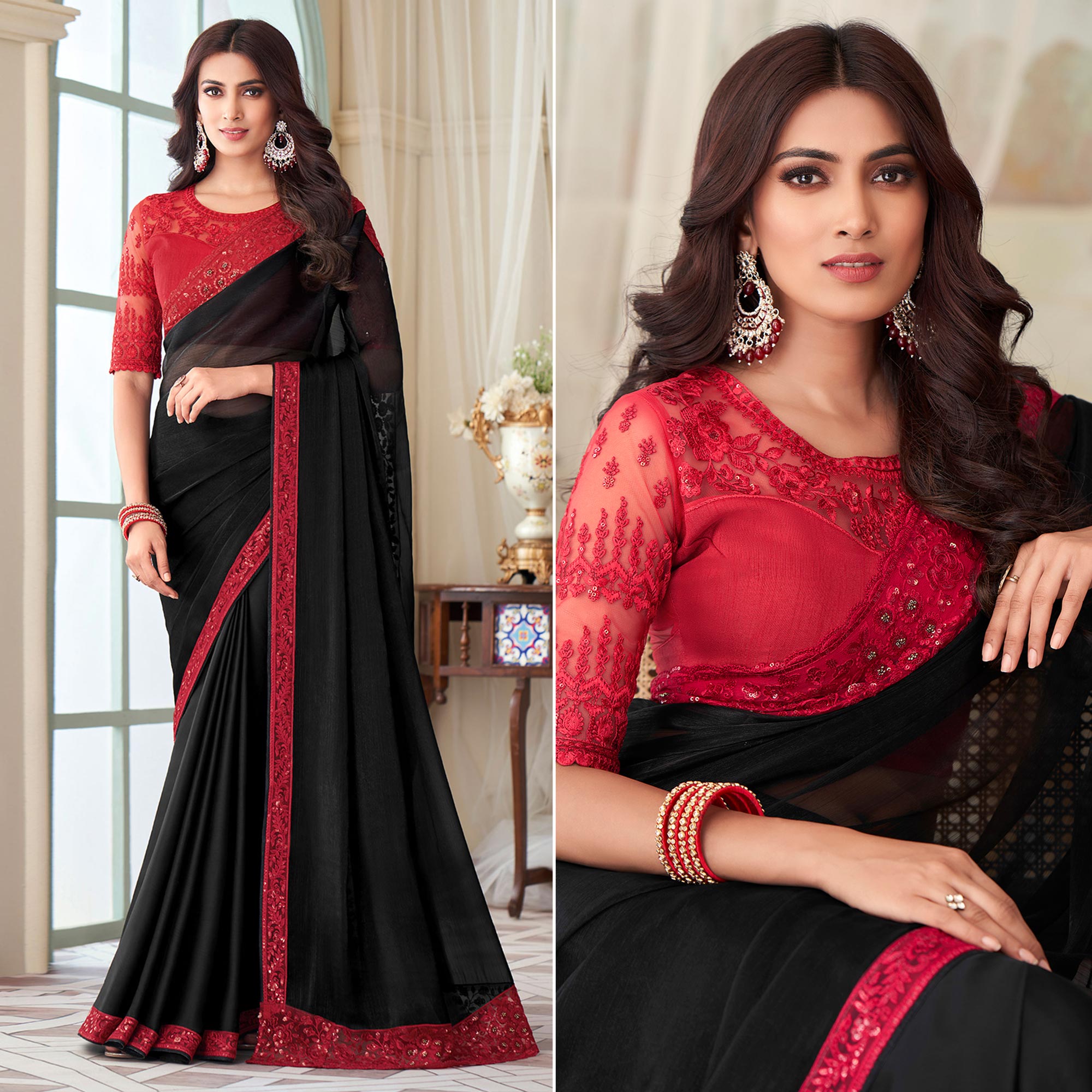 Black Sequins Embroidered Georgette Saree