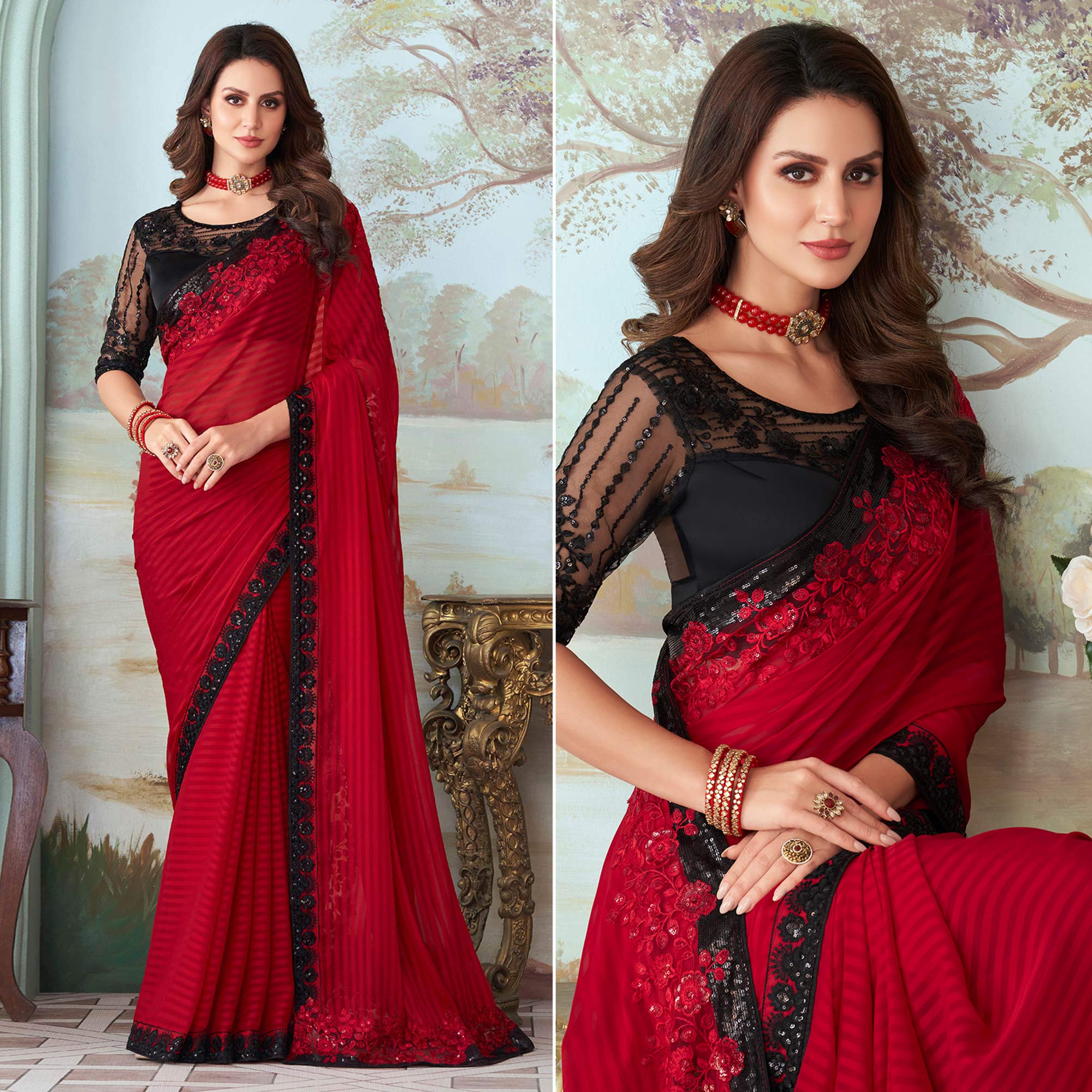 Red Sequins Embroidered Satin Saree