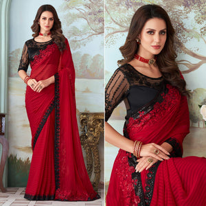 Red Sequins Embroidered Satin Saree
