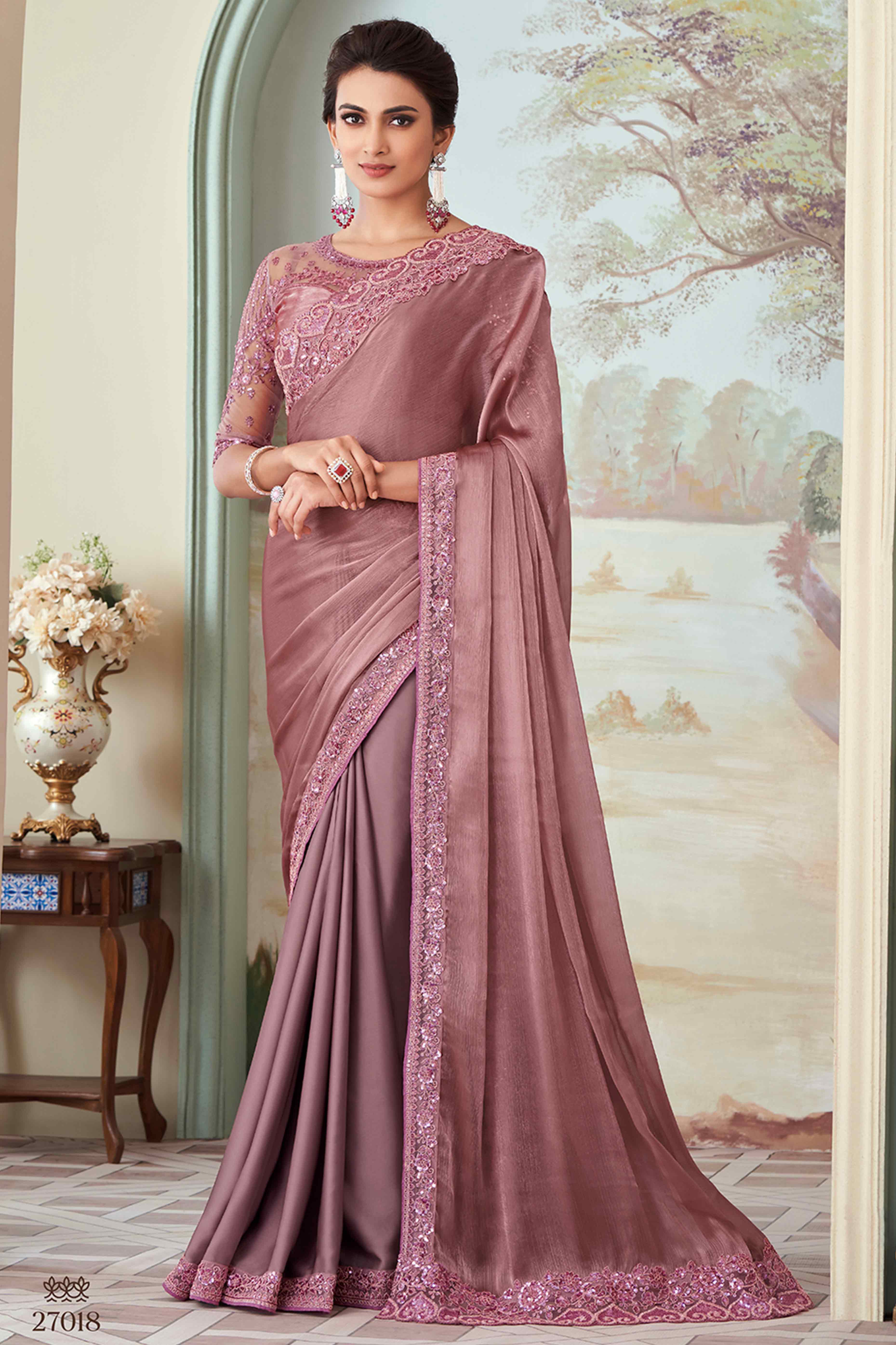 Mauve Floral Sequins Embroidered Georgette Saree