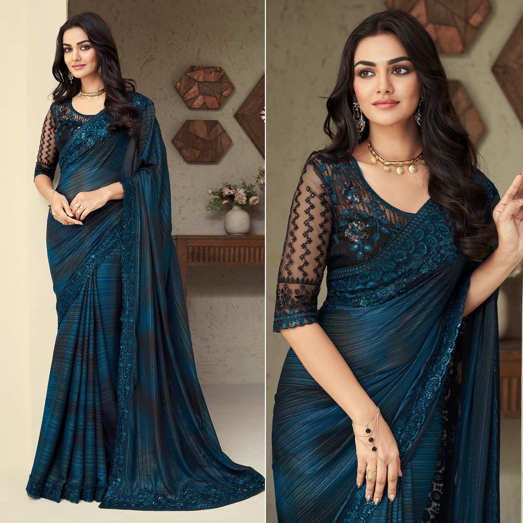 Blue Sequins Embroidered Georgette Saree