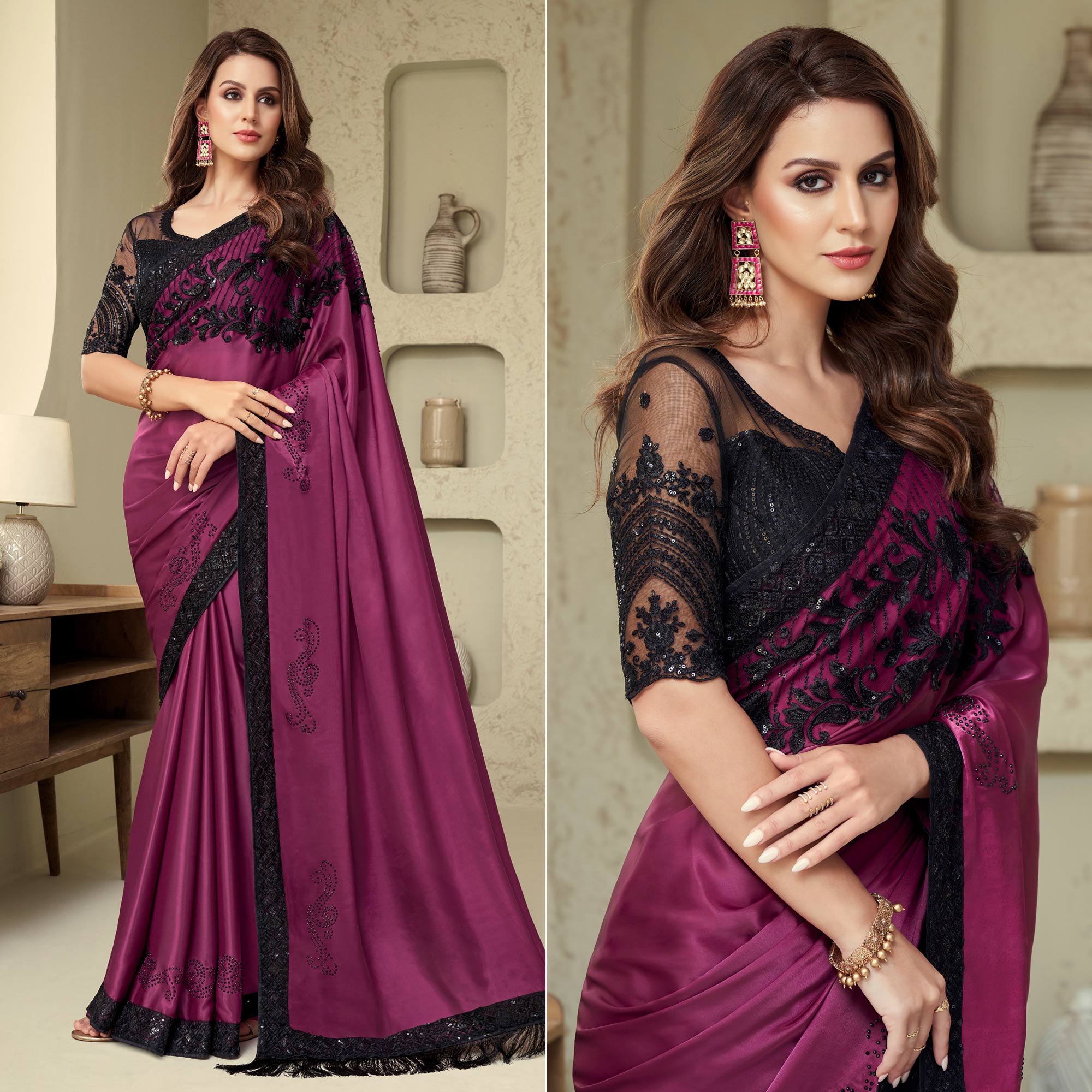 Magenta Sequins Embroidered Georgette Saree