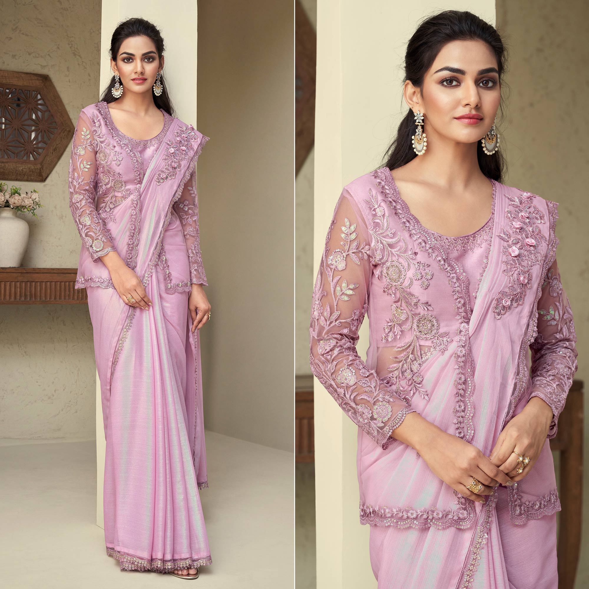 Light Pink Sequins Embroidered Georgette Saree