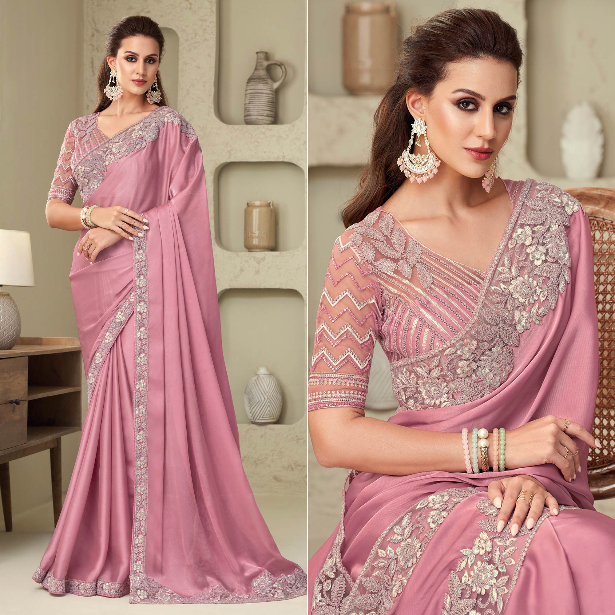 Dusty Pink Sequins Embroidered Georgette Saree