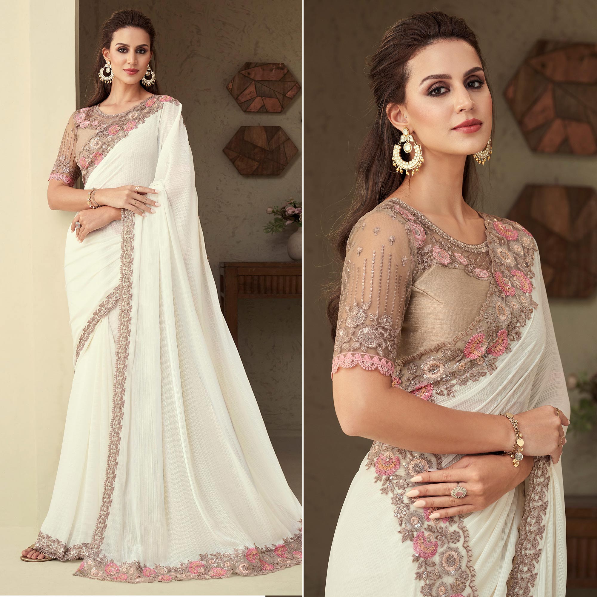 Off White Sequins Embroidered Georgette Saree