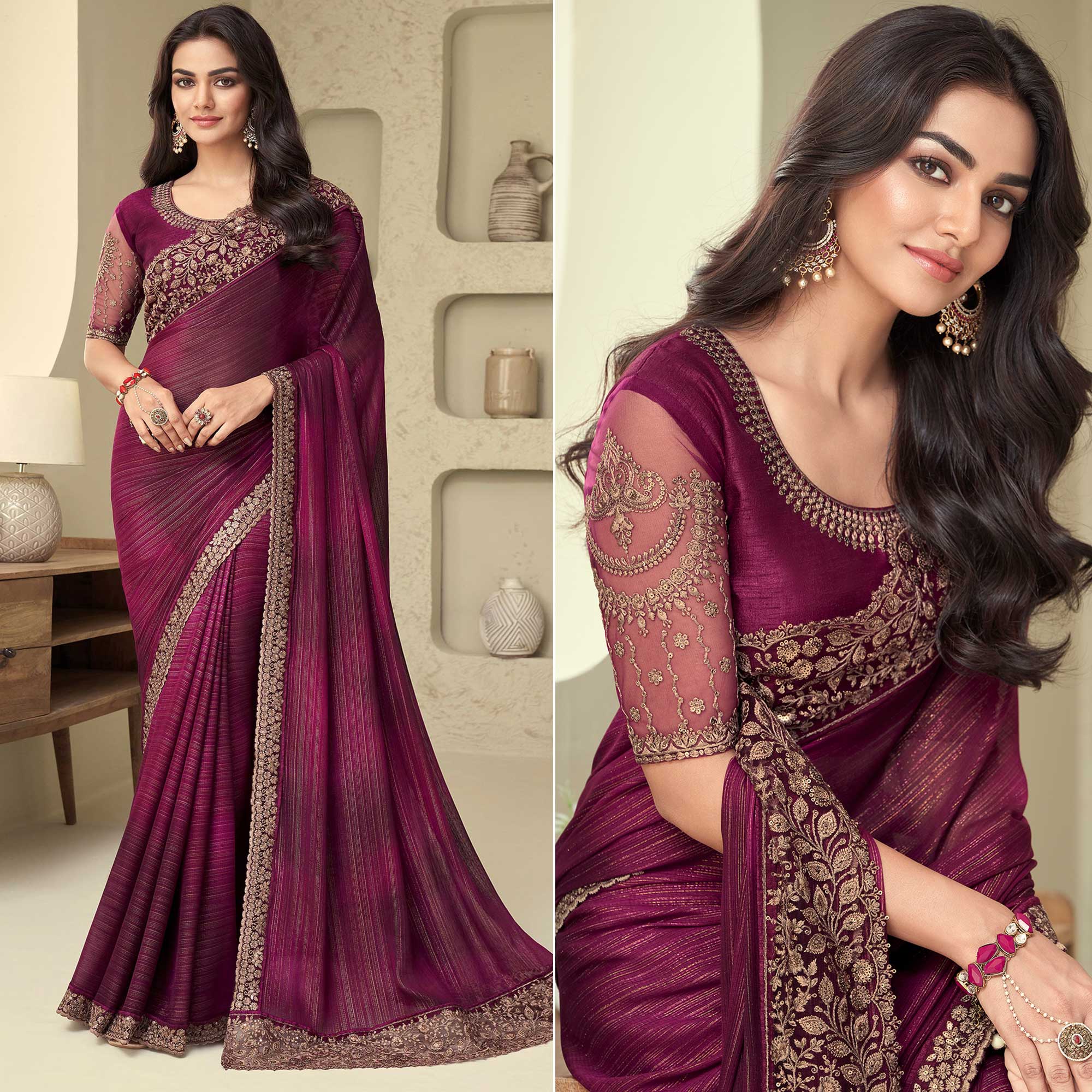 Wine Sequins Embroidered Georgette Saree