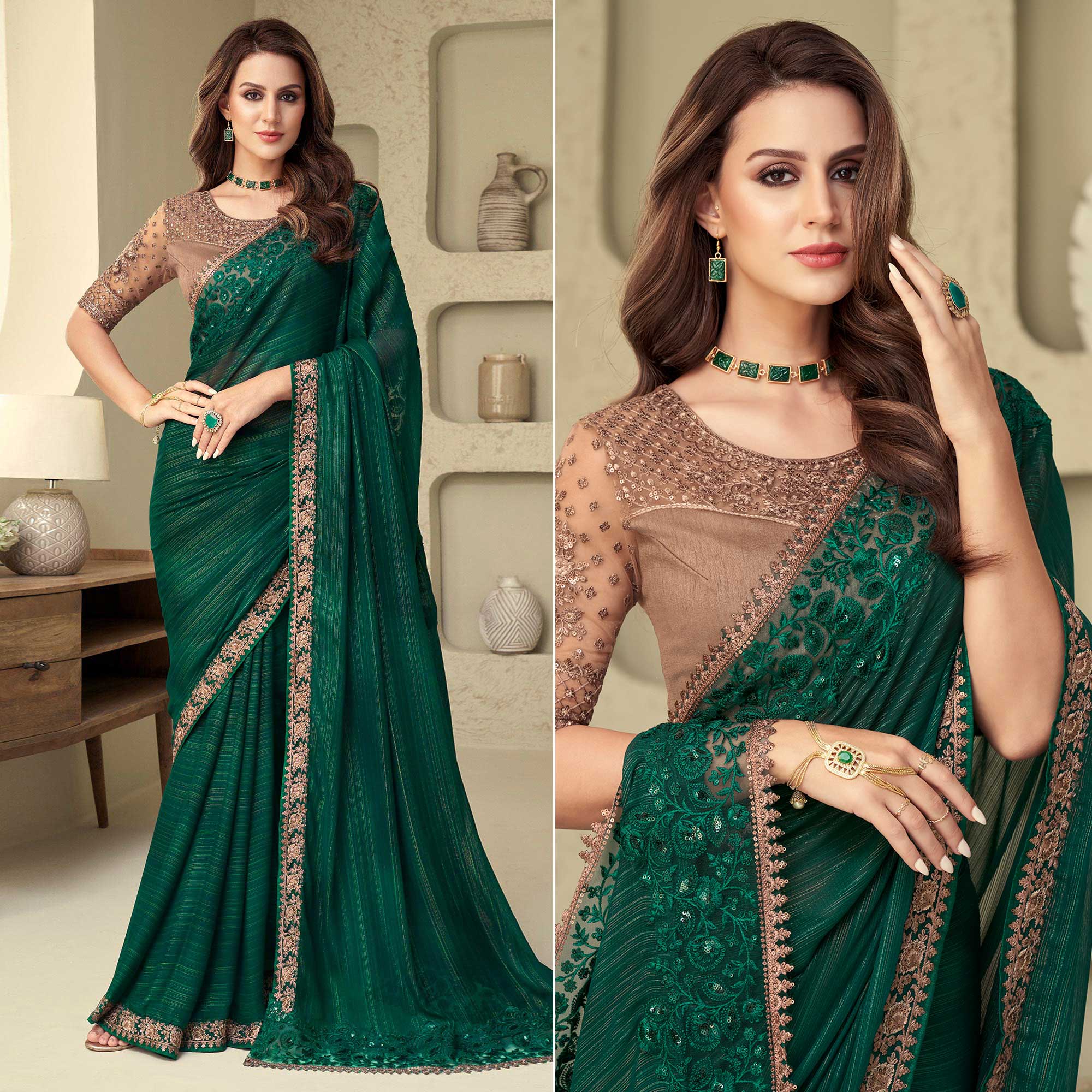 Green Sequins Embroidered Georgette Saree