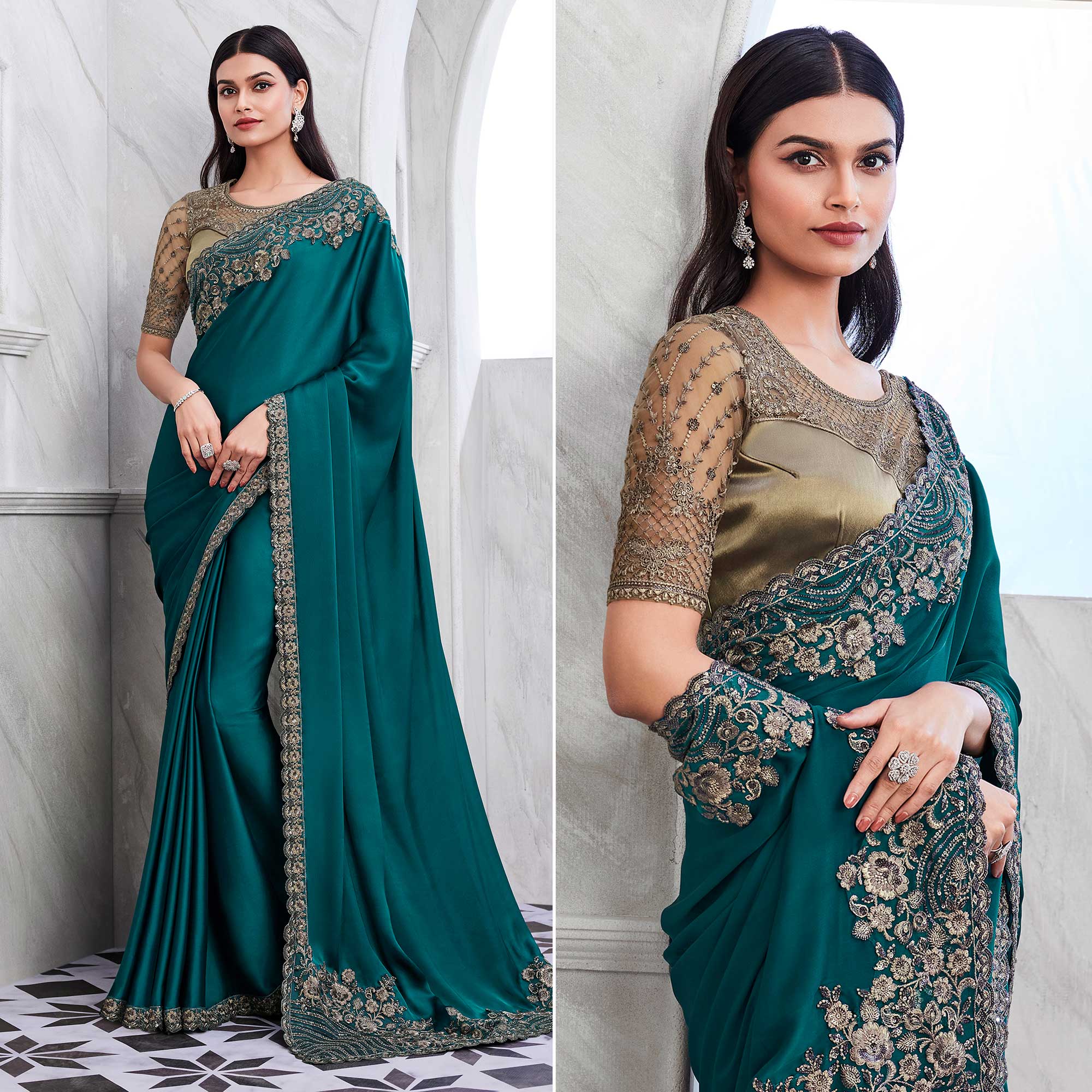 Teal Floral Sequins Embroidered Georgette Saree