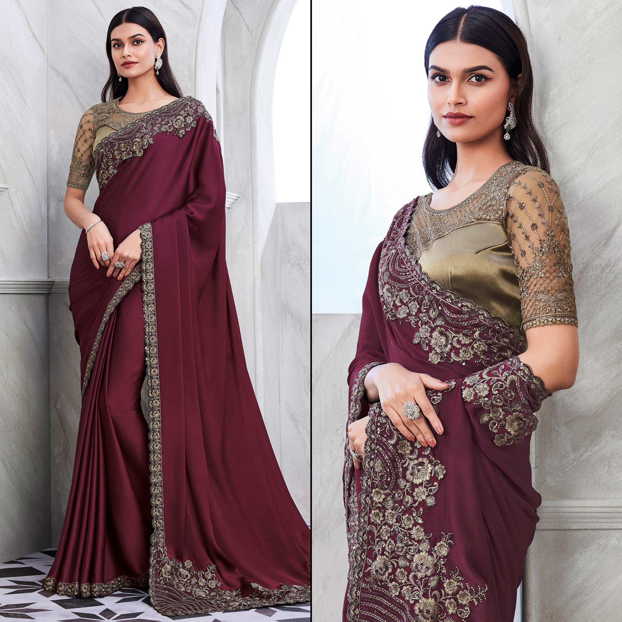 Wine Floral Sequins Embroidered Georgette Saree