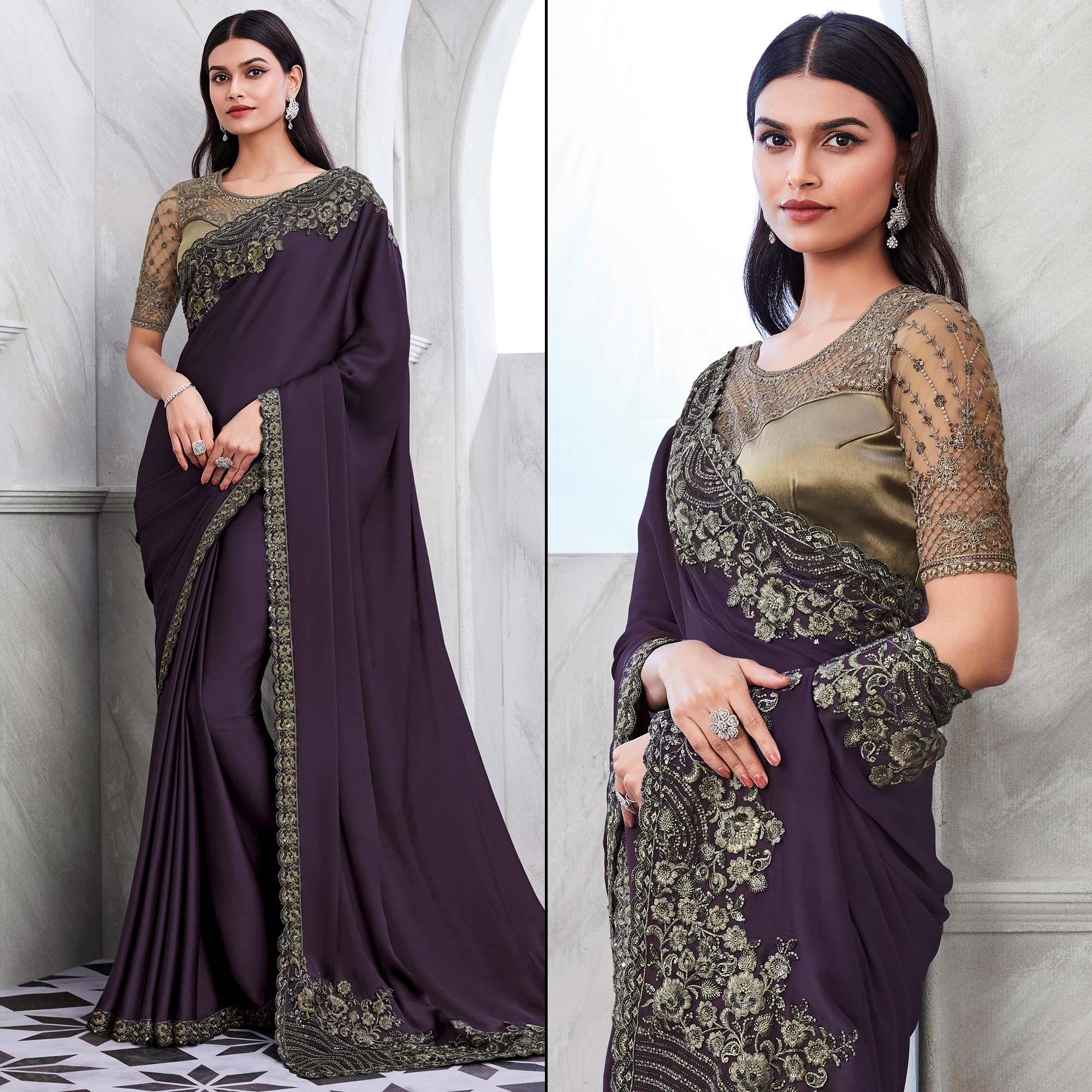 Purple Floral Sequins Embroidered Georgette Saree