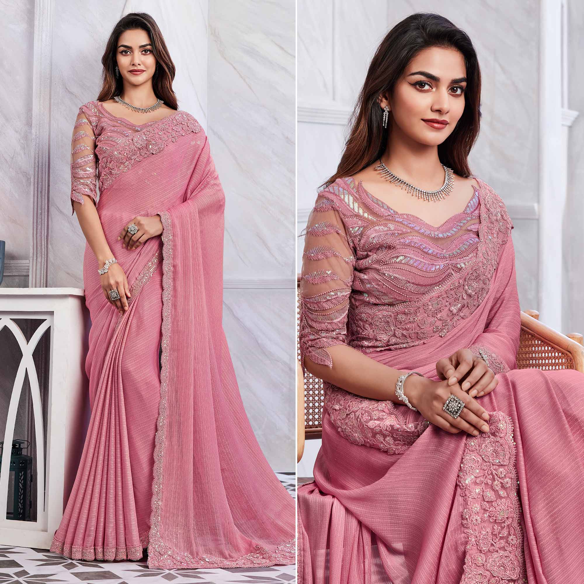 Dusty Pink Floral Sequins Embroidered Georgette Saree