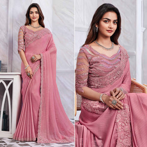 Dusty Pink Floral Sequins Embroidered Georgette Saree
