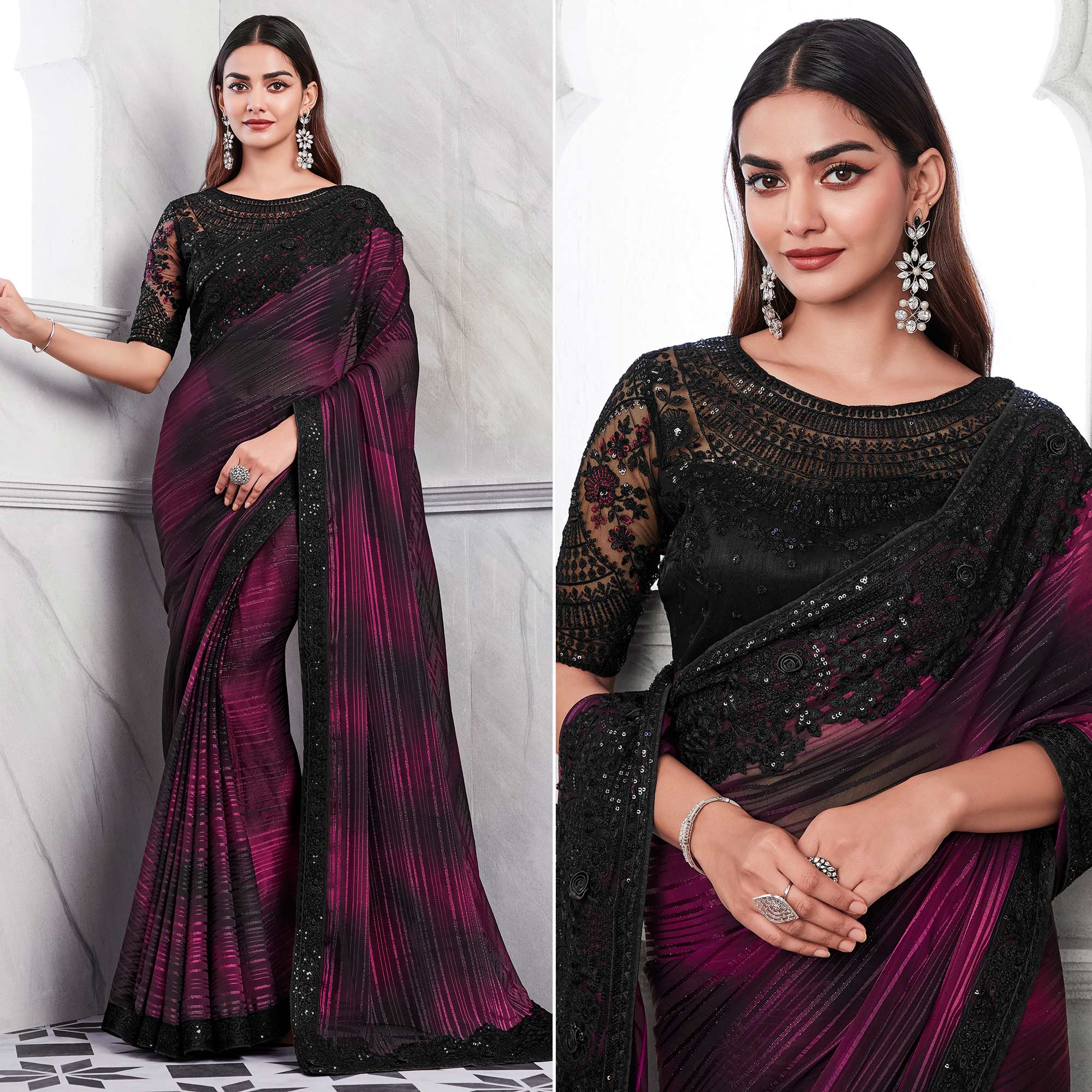 Magenta & Black Floral Sequins Embroidered Georgette Saree