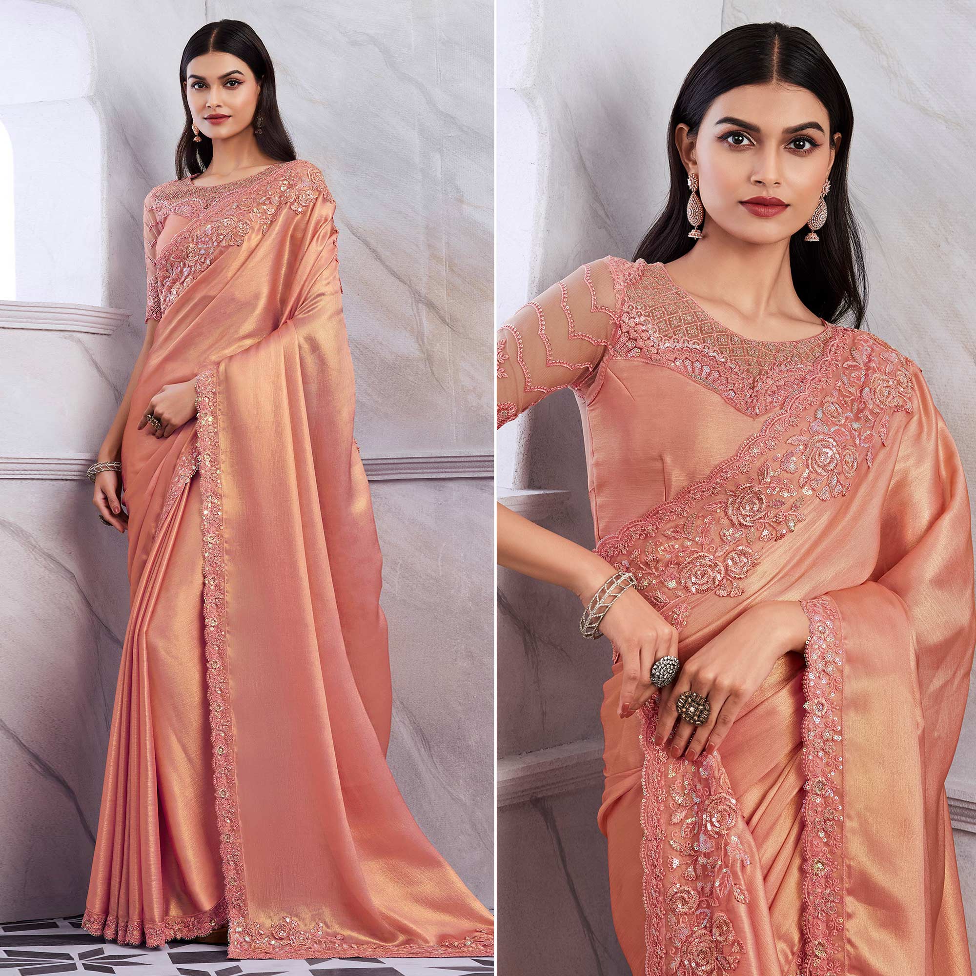 Peach Floral Sequins Embroidered Chiffon Saree