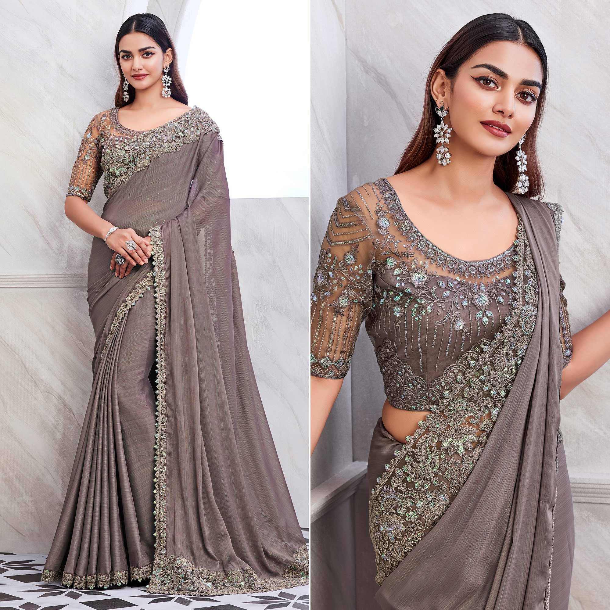 Grey Floral Sequins Embroidered Georgette Saree