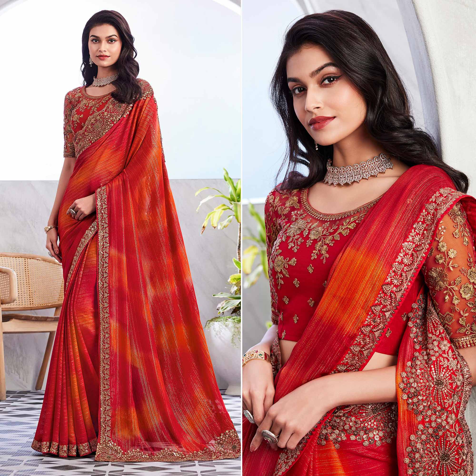 Red & Orange Floral Sequins Embroidered Chiffon Saree