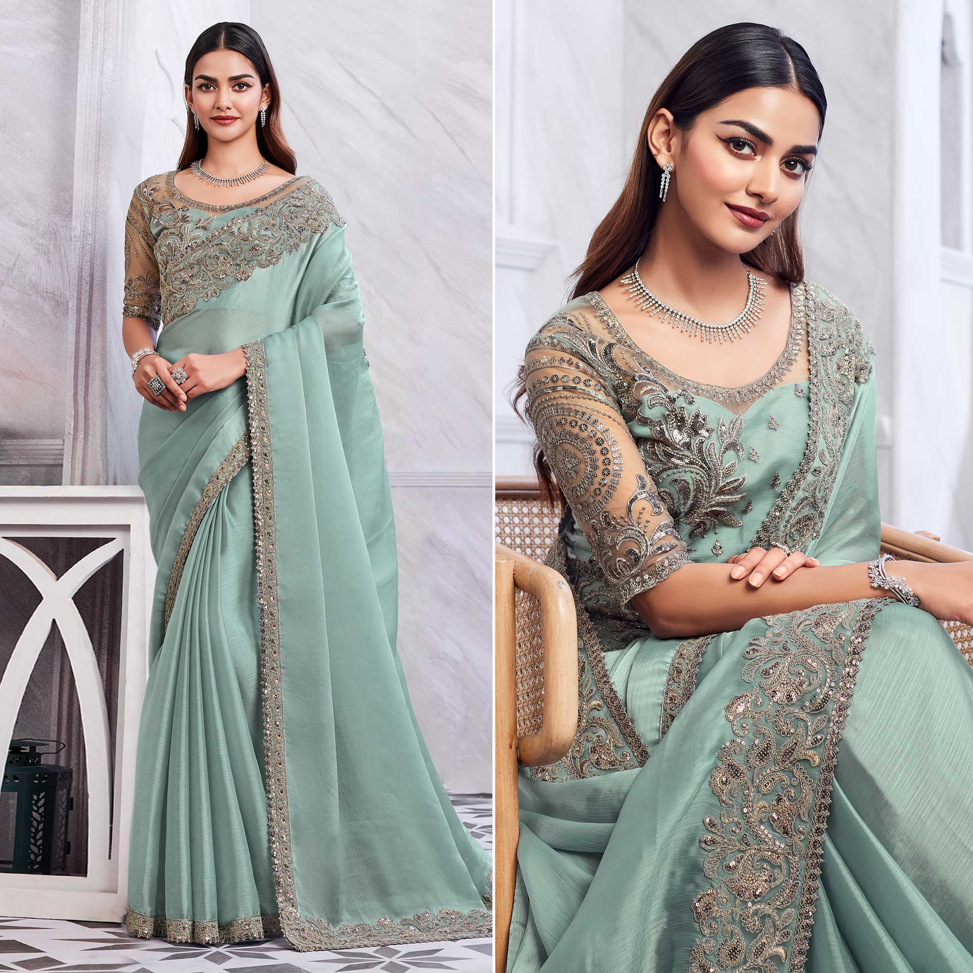 Sea Green Floral Sequins Embroidered Chiffon Saree