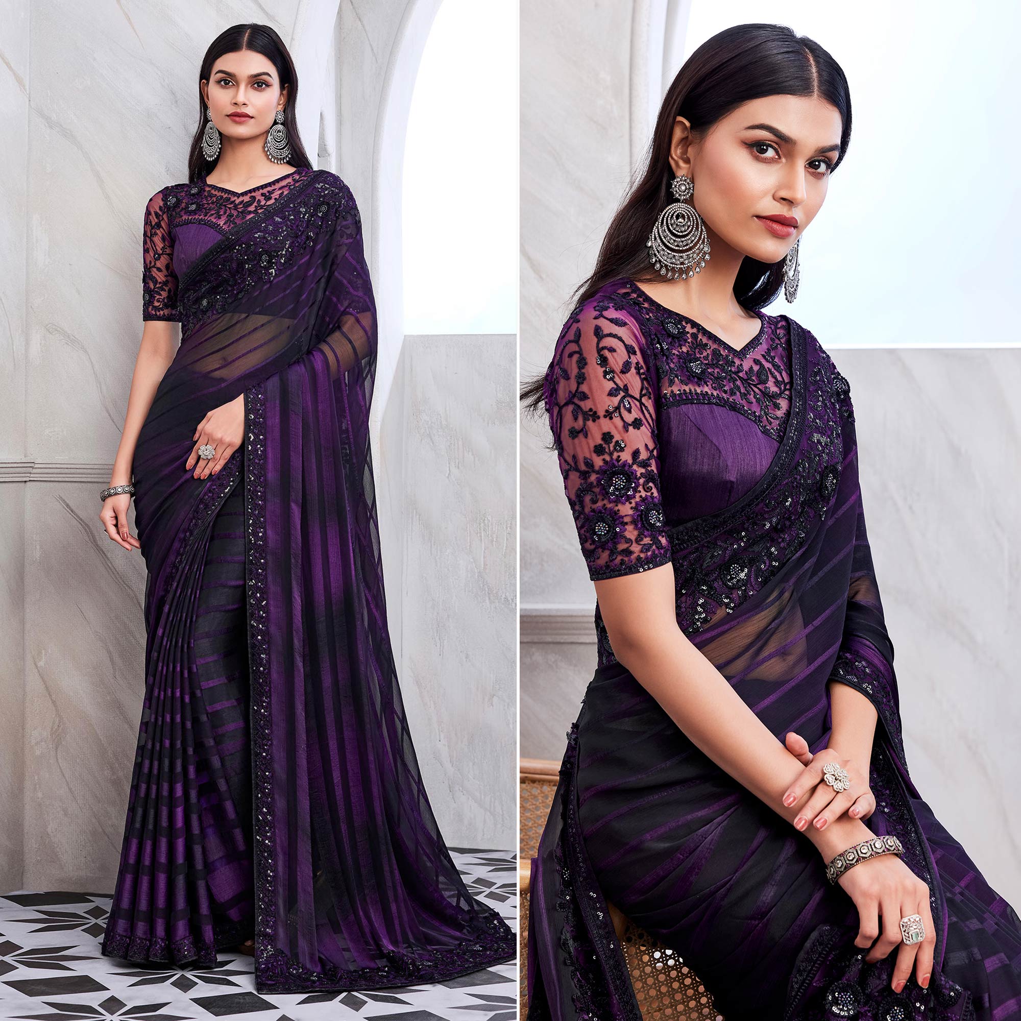 Purple & Black Floral Sequins Embroidered Georgette Saree